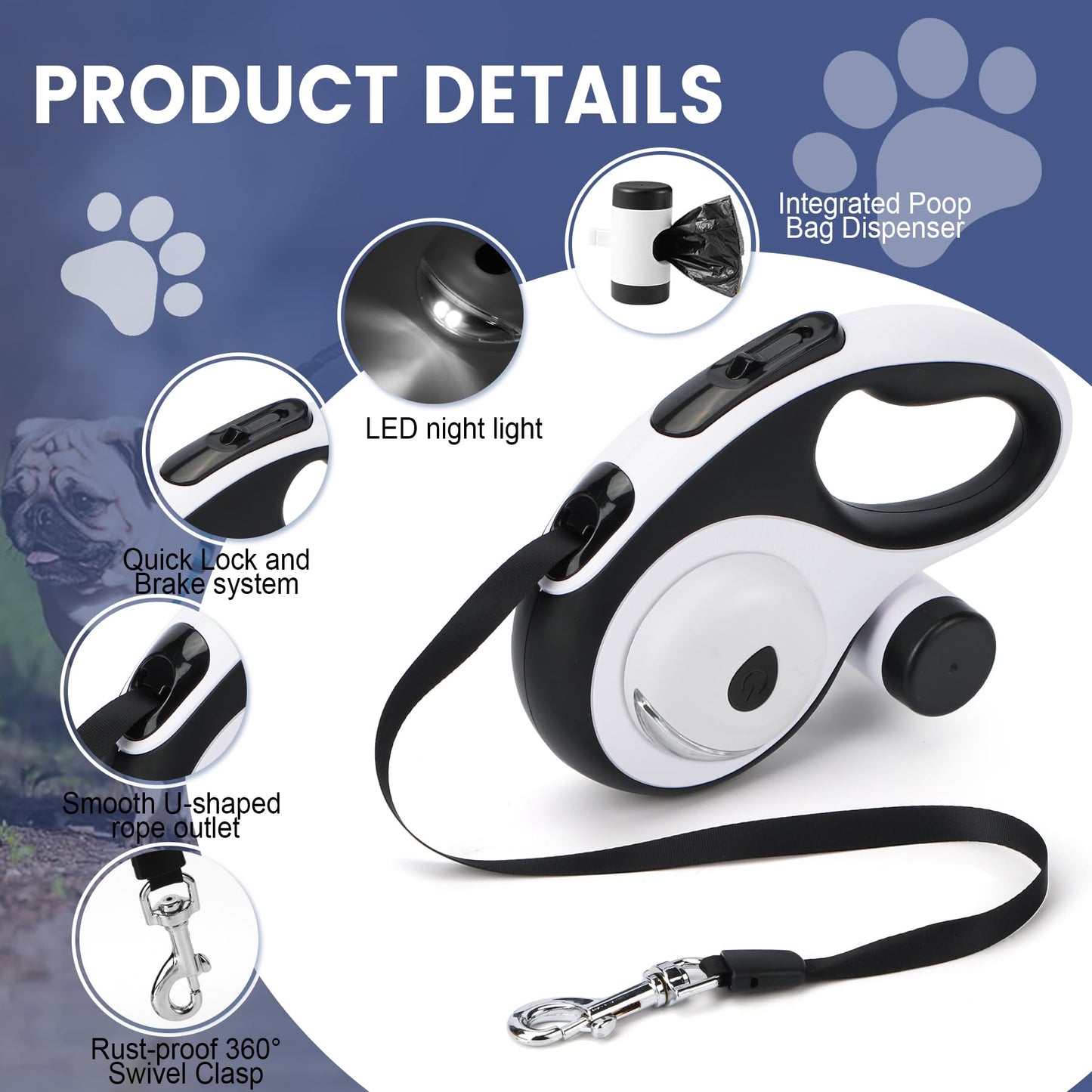Dual Retractable Dog Leash for 2 Large Dogs (Up to 110LBS Each) - Double Headed Pet Leash with Poop Bags and LED Light, One Button Brake & Lock, 360 Tangle-Free (Blue, Large)