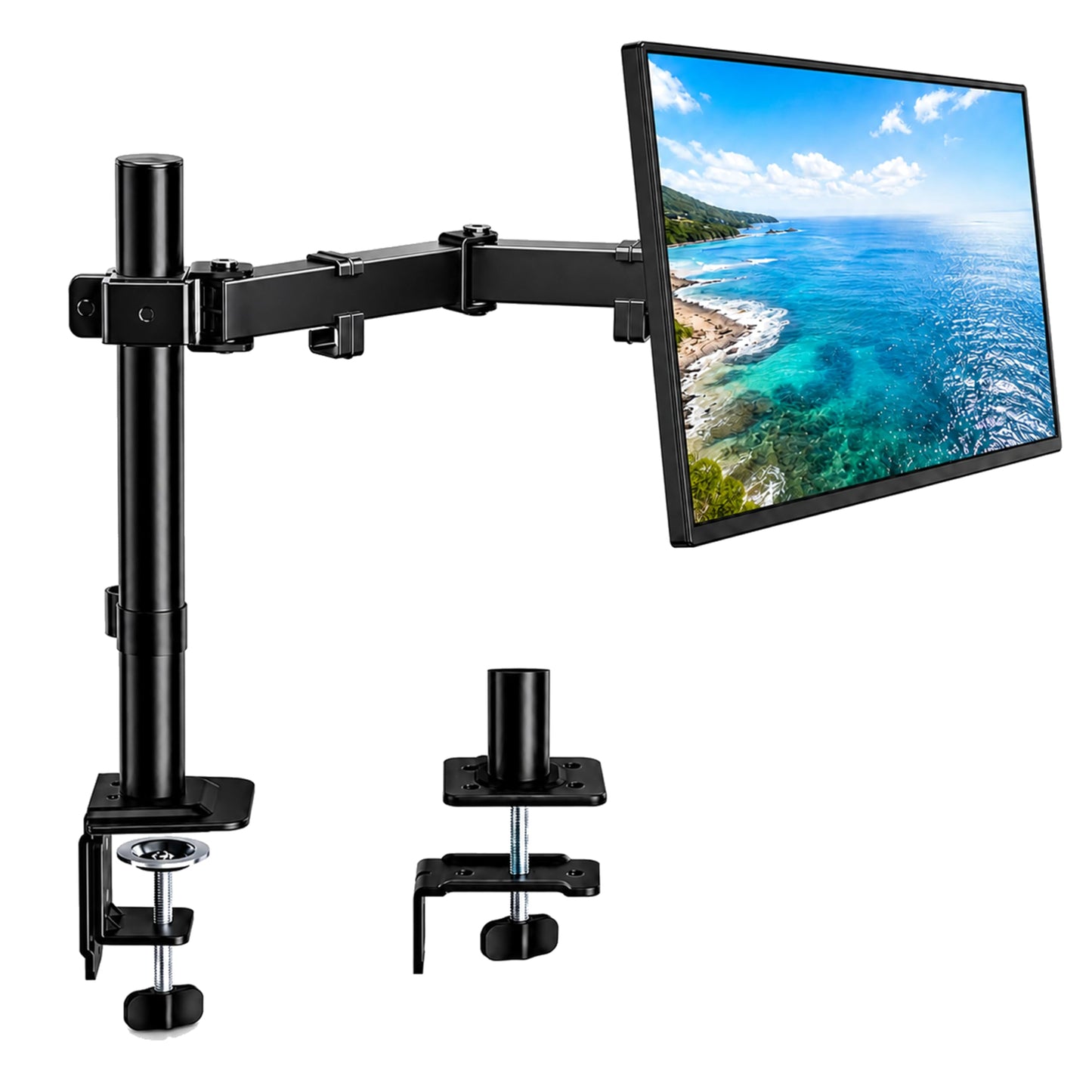monTEK Single Long Monitor Mount for 17-32 inches Screen, Fully Adjustable Articulating Desk Monitor Stand up to 22lbs Capacity, Computer Mount with C Clamp and Grommet Base, Max VESA 100x100mm