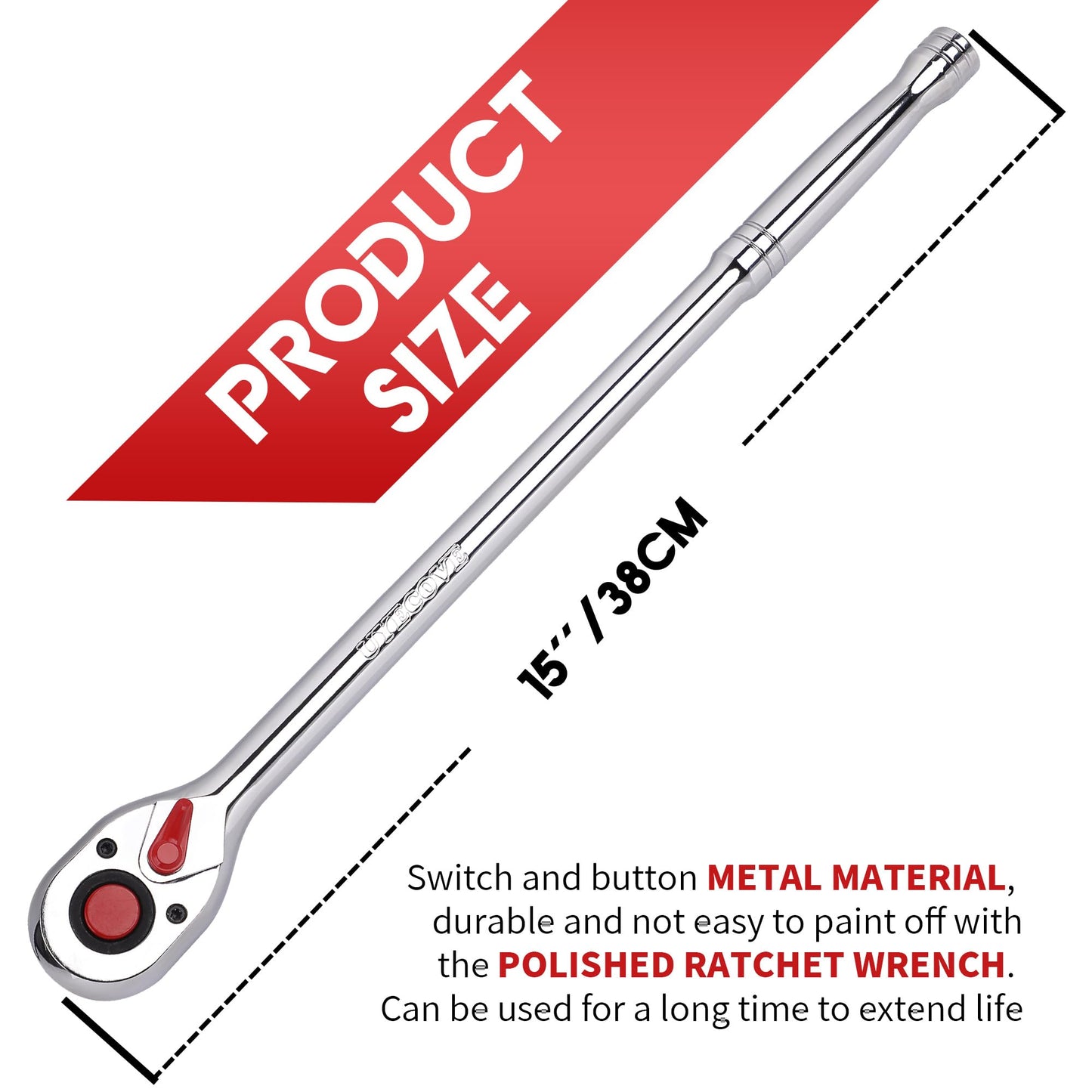 UYECOVE 1/2 Inch Drive Ratchet Wrench, 1/2 Ratchet Wrench Long Handle, Socket Wrench, 72-Tooth Quick-Release Reversible Cr-Mo Head, Chrome Steel Made - 15''38cm