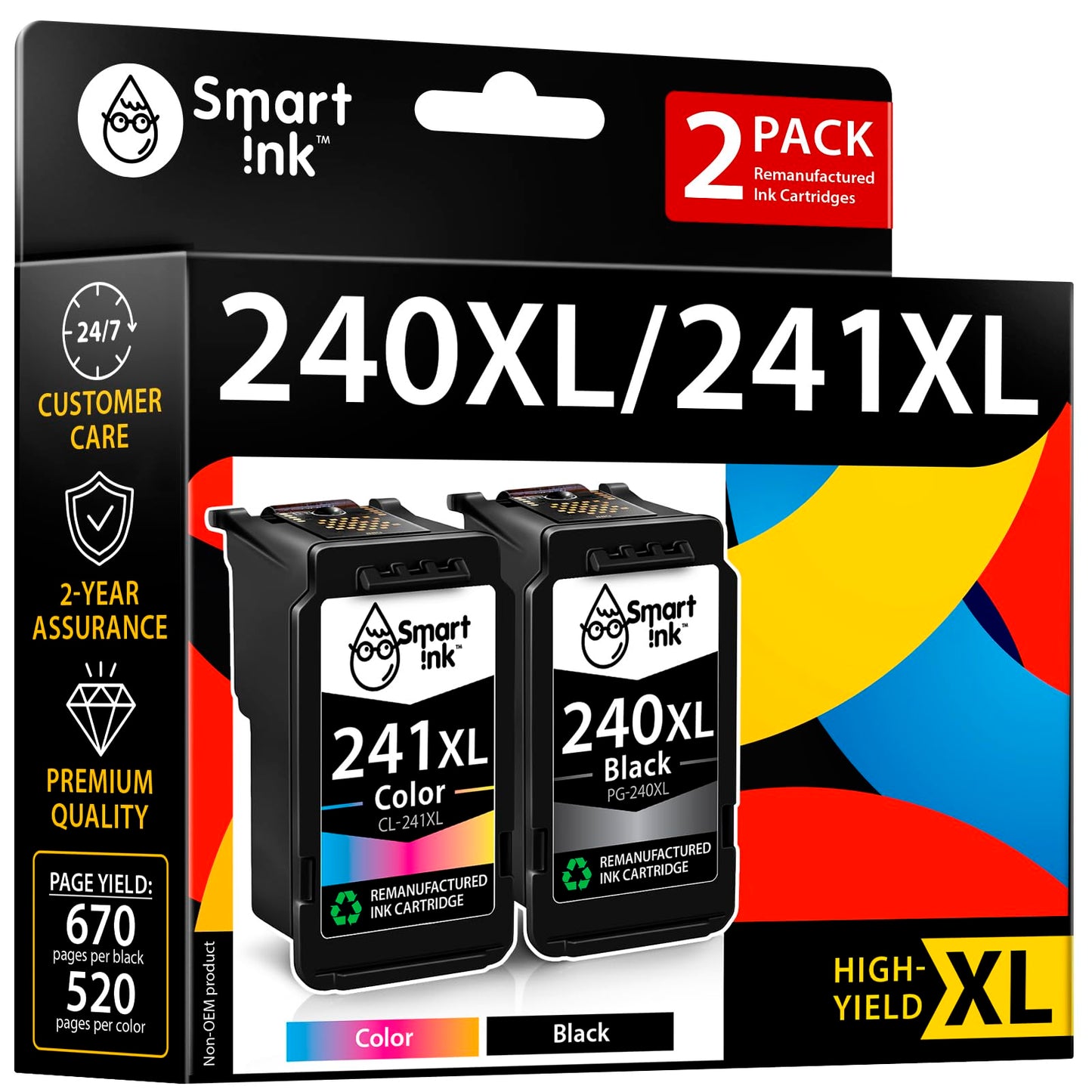 Smart Ink Remanufactured Ink Cartridge Replacement for Canon PG 240XL PG-240 CL 241XL CL-241 (BK & Color 2 Combo Pack) to use with Pixma MG2120 MG3120 MG3122 MG3520 MG3522 MG4120 MX372 MX522 MX472