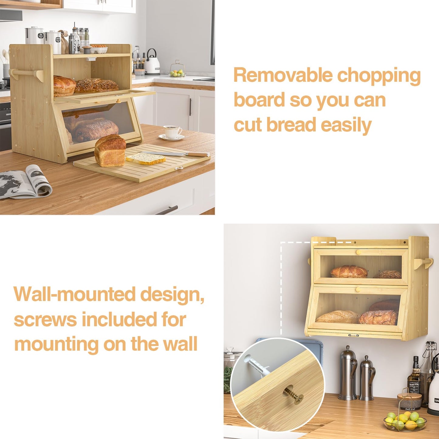 Giluta Double Layer Bread Box for Kitchen Counter, Large Bread Storage Container with Clear Acrylic Door, Bamboo Farmhouse Bread Organizer Countertop Breadbox