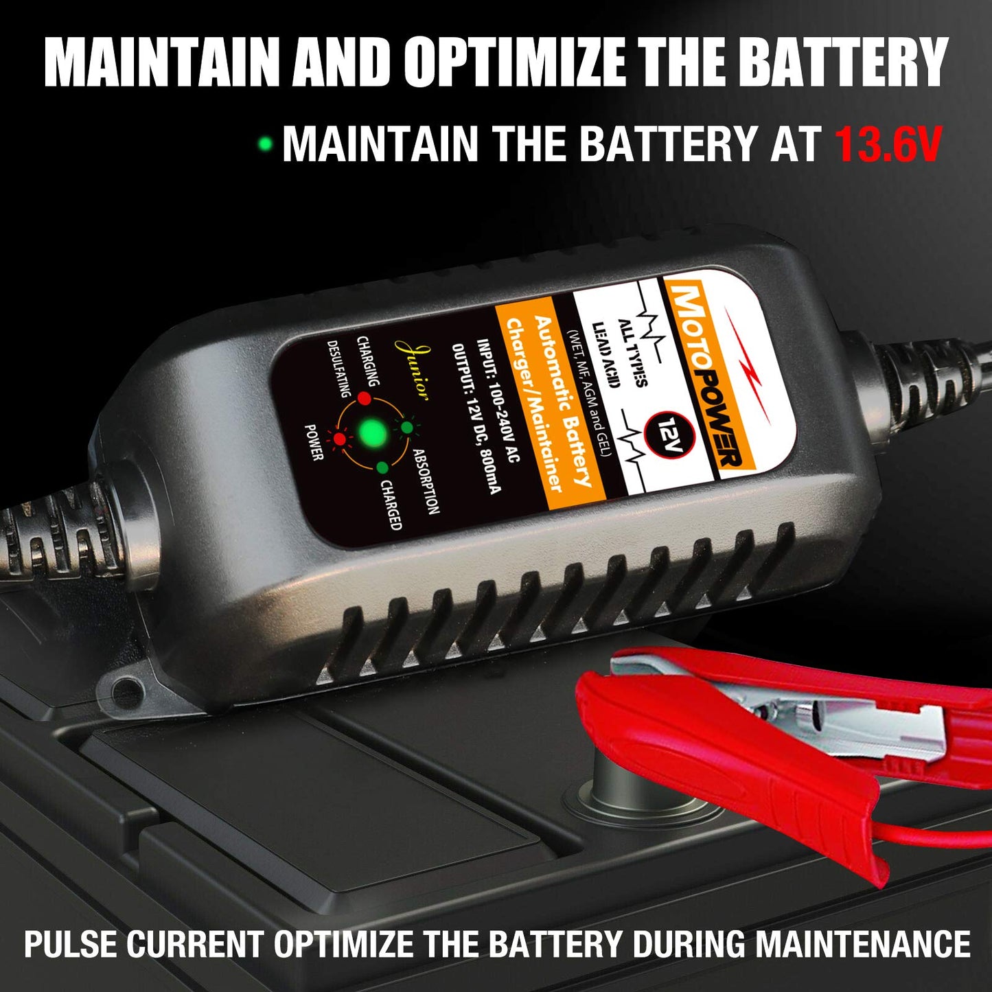 MOTOPOWER MP00205A 12V 800mA Fully Automatic Battery Charger/Maintainer for Cars, Motorcycles, ATVs, RVs, Powersports, Boat and More. 2-Pack