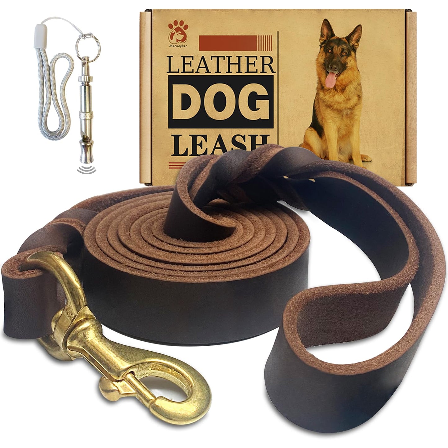 Meruogkar Leather Dog Leash 6ft x 1 inch,Strong Heavy Duty Genuine Leather Braided Dog Training Leash, Soft and Comfortable Leather Leash for Large Dogs, Medium Small Dogs (Brown)