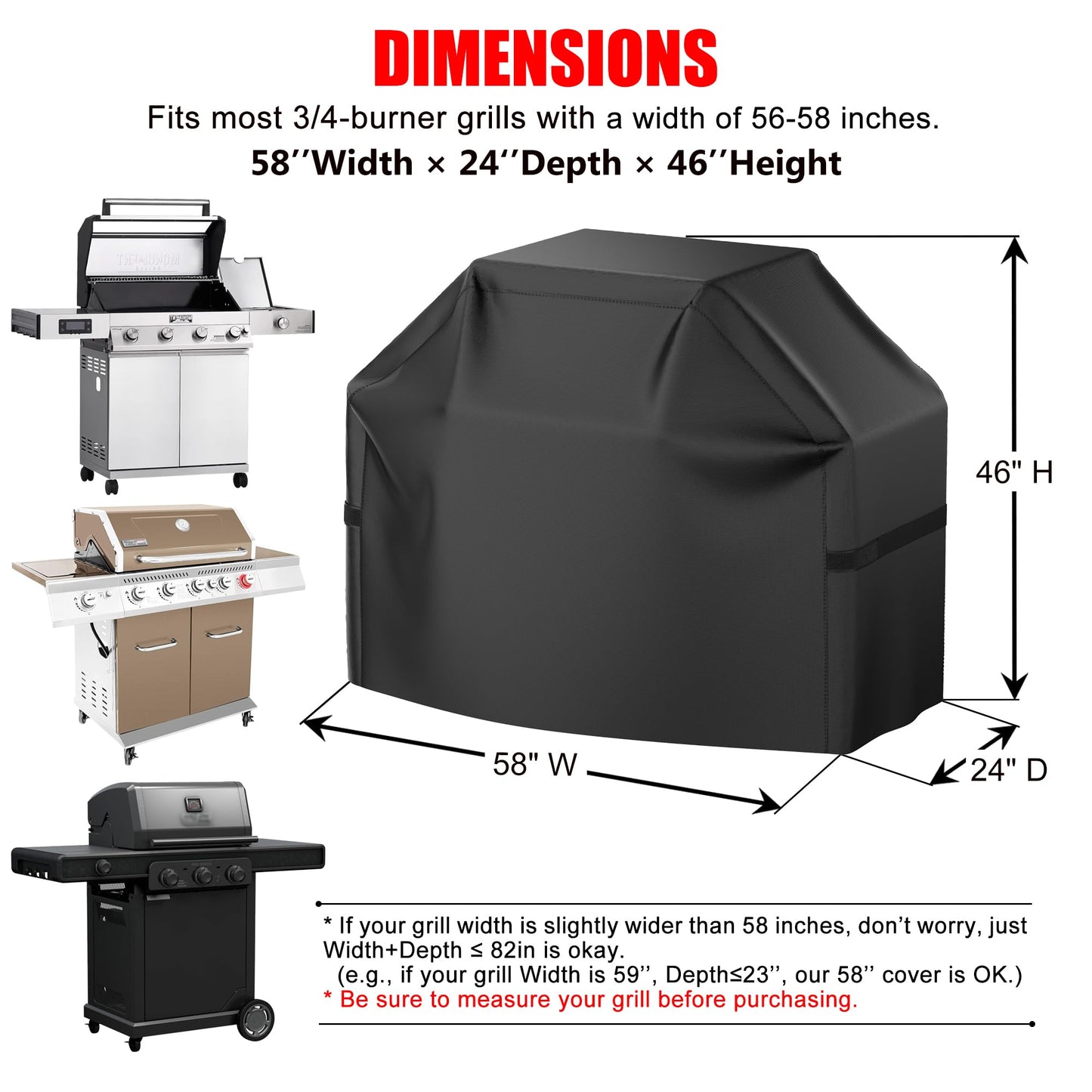 Grill Cover, BBQ Gas Grill Cover for Outdoor Grill, Waterproof, Anti-UV, Rip-Proof, Fade Resistant Material, Barbecue Cover with Hook-and-Loop Straps, Black (58 inch Heavy Duty)
