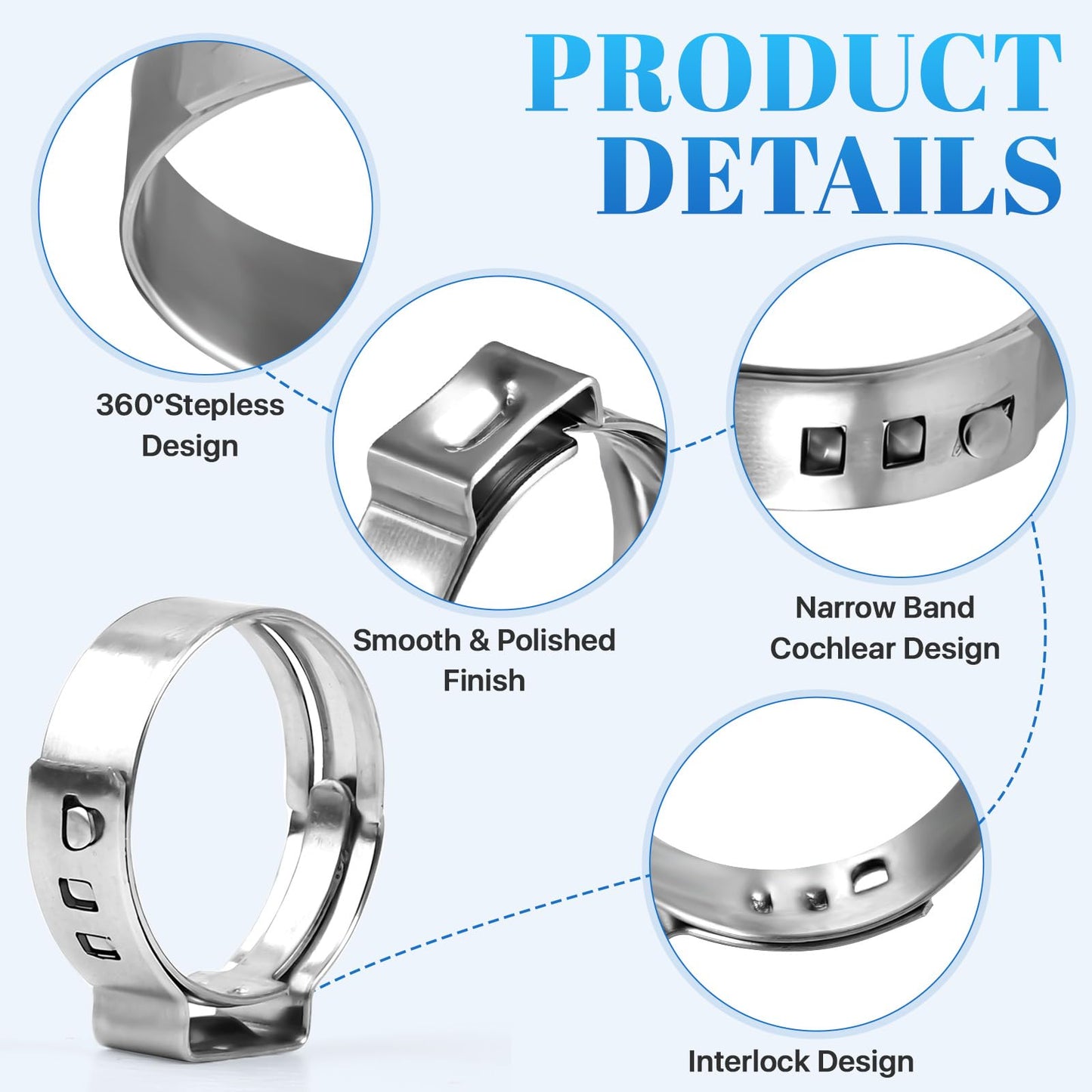 Supkiir 200 Pcs Single Ear Hose Clamps 5.8-28.6mm, 304 Stainless Steel Stepless Hose Clamp Clips, Pincer Cinch Rings Pex Crimp Rings Assortment Kit for Water Pipe, Plumbing, Automotive