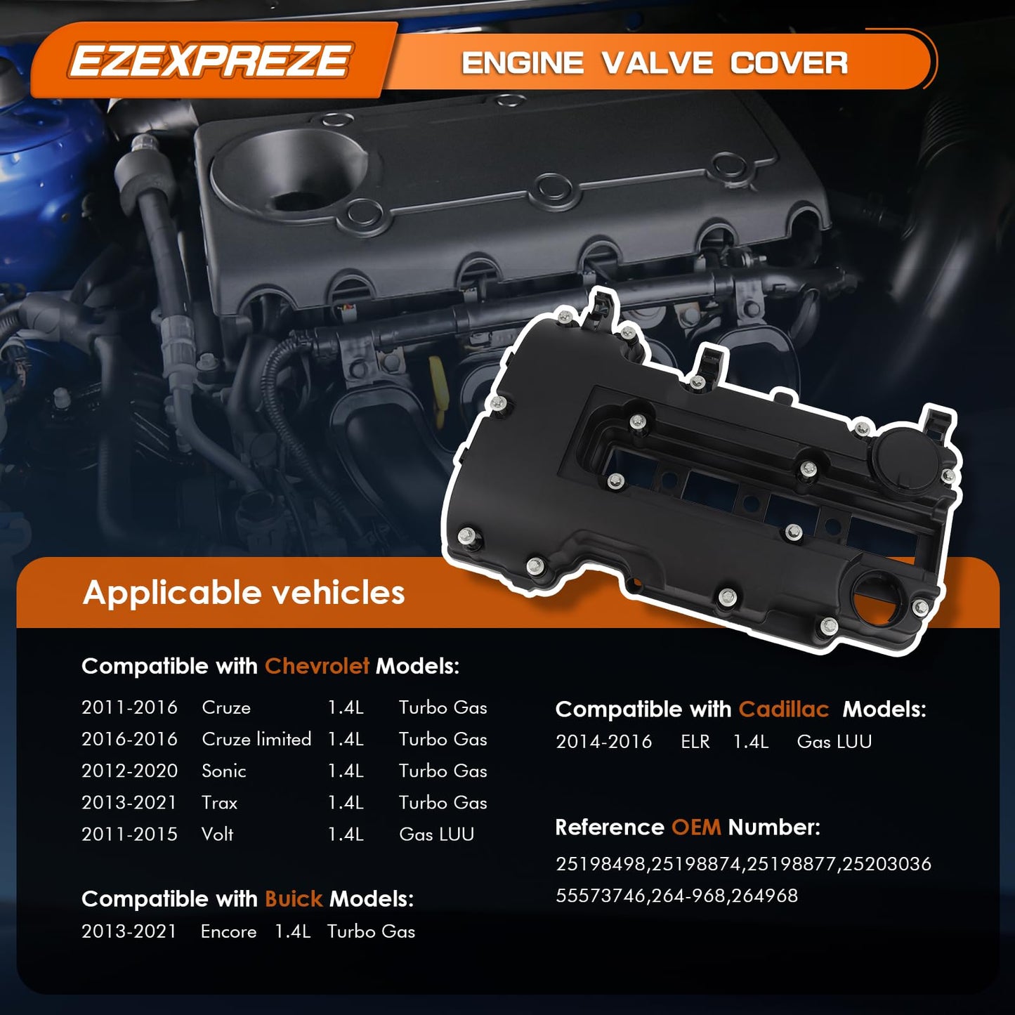 Ezexpreze Engine Valve Cover kit w/Gaskets & Bolts Compatible with 2011-2020 Chevrolet Chevy Cruze Sonic Volt Trax Buick Encore Cadilla.c ELR 1.4L L4 Replaces # 25198874 55573746 264-968