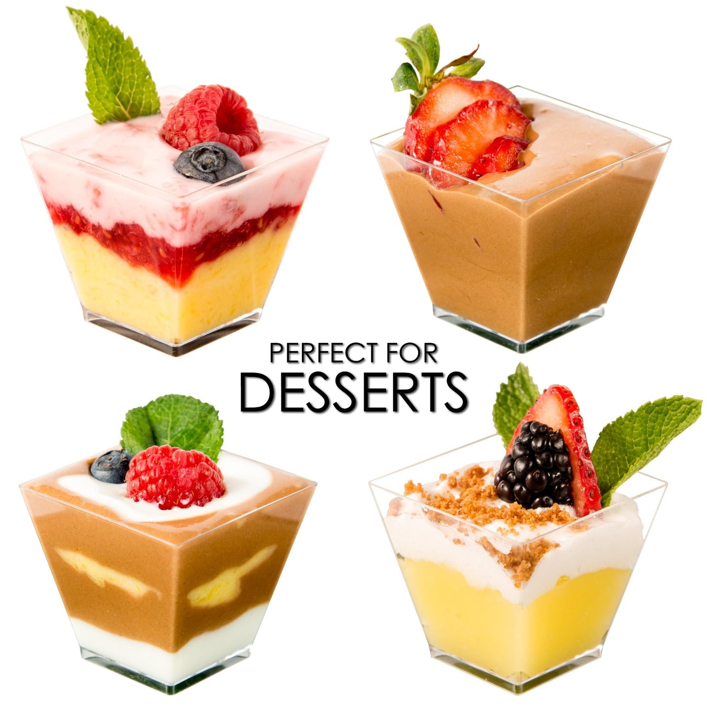 DLux 100 x 2 oz Mini Dessert Cups with Spoons, Square Short - Clear Plastic Parfait Appetizer Cup - Small Reusable Serving Bowl for Tasting Party Desserts Appetizers - with Recipe Ebook