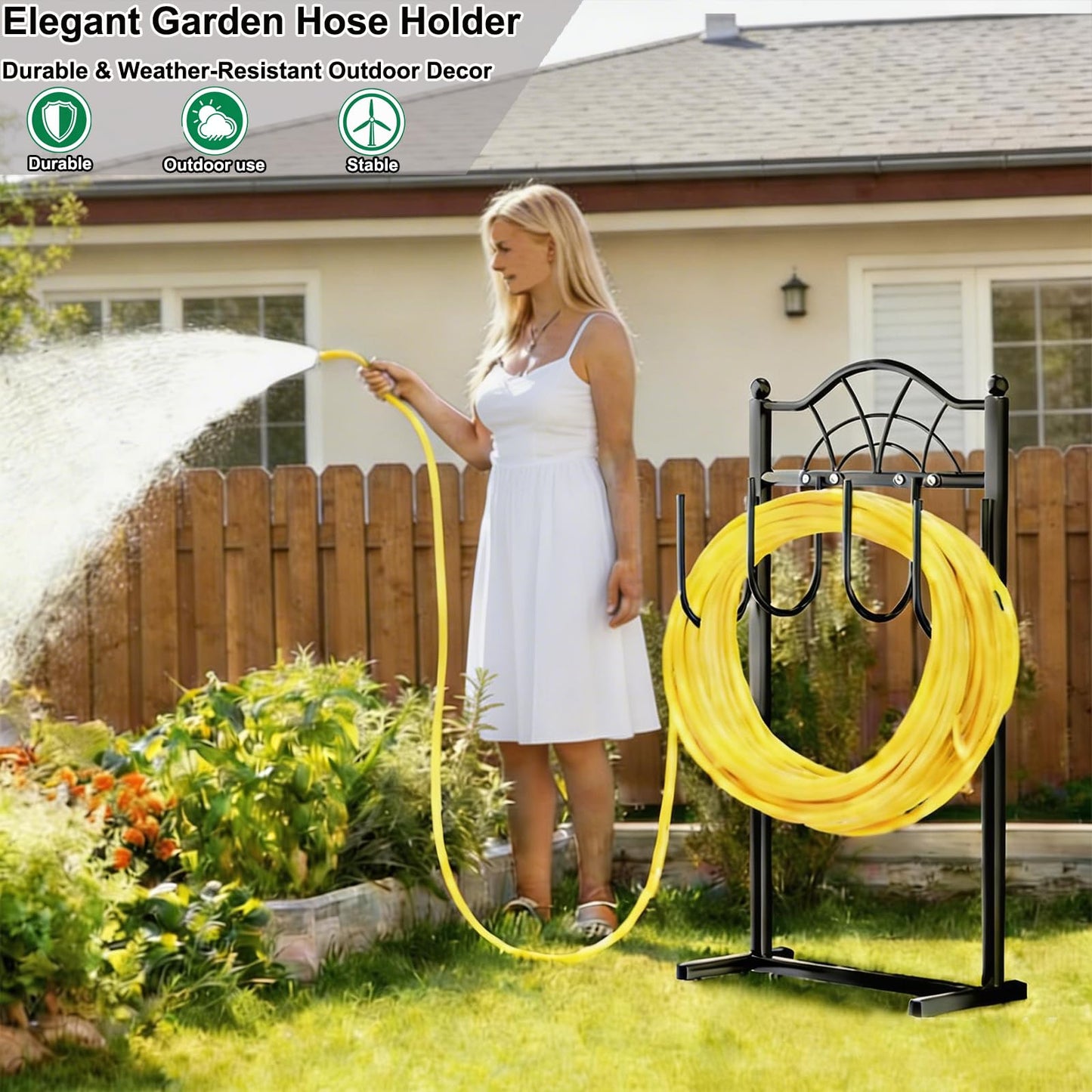 Hose Holder, 4-Anchor Base Metal Freestanding Garden Hose Reel for Ultimate Stability, Water Hose Storage Stand for 100FT Hoses,Yard & Garden，Black