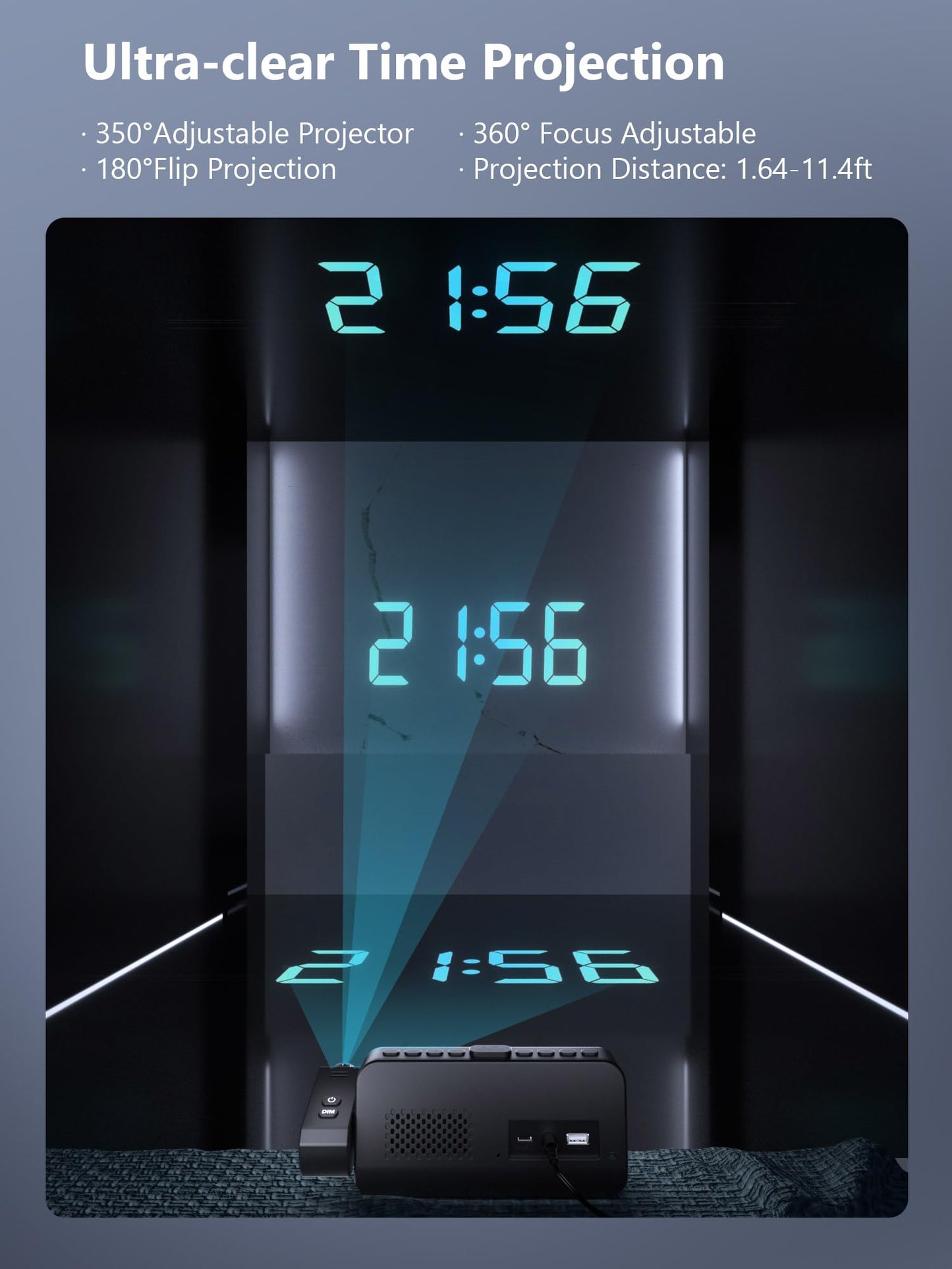 Projection Alarm Clock, Digital Clock with Night Light on Ceiling Wall, 350°Rotatable Projector, 5-Level Dimmer, Type-C USB Charger, Temperature & Date Display, 12/24H, Dual Alarm Clock for Bedroom