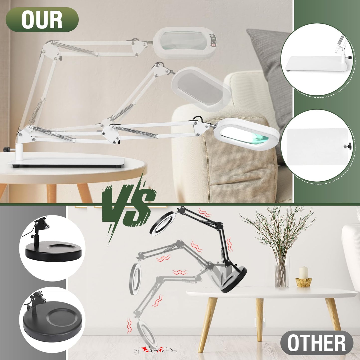 12X Rectangle Magnifying Glass with Light and Stand, 5 Color Modes Stepless Dimmable, 2-in-1 LED Desk Lamp with Clamp, Hands Free Lighted Magnifier for Reading Crafts Repair Painting Close Work White