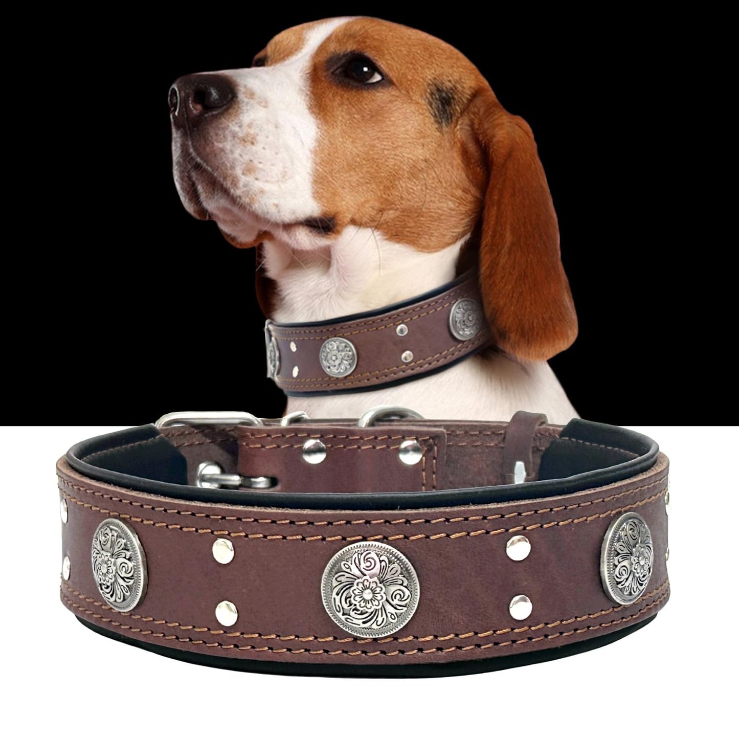 Leather Dog Collar for Large Medium Dogs, Heavy Duty 2 Inches Wide Dog Collars, Thick, Strong, Luxury and Studded Collar for Dogs Brown(19.5“-23.5”)