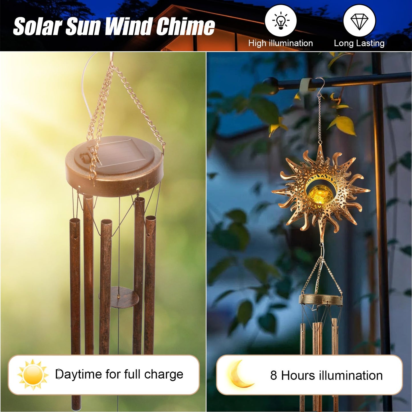 Fohil Solar Wind Chime,Sun Crackle Glass Ball Solar Powered Wind Chimes with Deep Tone for Hanging Outside Decor,Solar Light Outdoor Waterproof for for Mom Women Grandma Garden Spiritual Gifts
