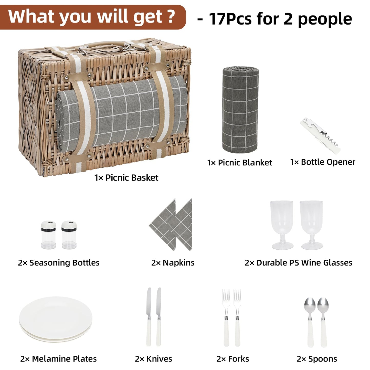 Wicker Picnic Basket for 2 - Willow Basket with Waterproof Picnic Blanket | Willow Picnic Set with Insulated Cooler | Wicker Hamper with Cutlery Kit | Gift Basket for Christmas, Thanks Giving, Grey
