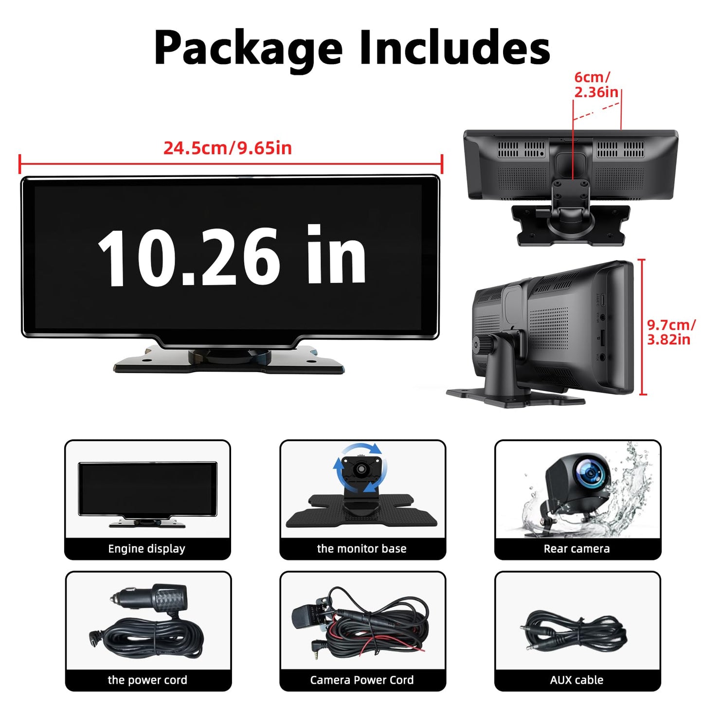 10.26 Inch Wireless Apple Carplay Screen for Car, Bluetooth Car Stereo with Apple Car Play and Android Auto Screen/1080P HD Backup Camera/FM/AUX/Mirror Link/Voice Control/GPS Navigation