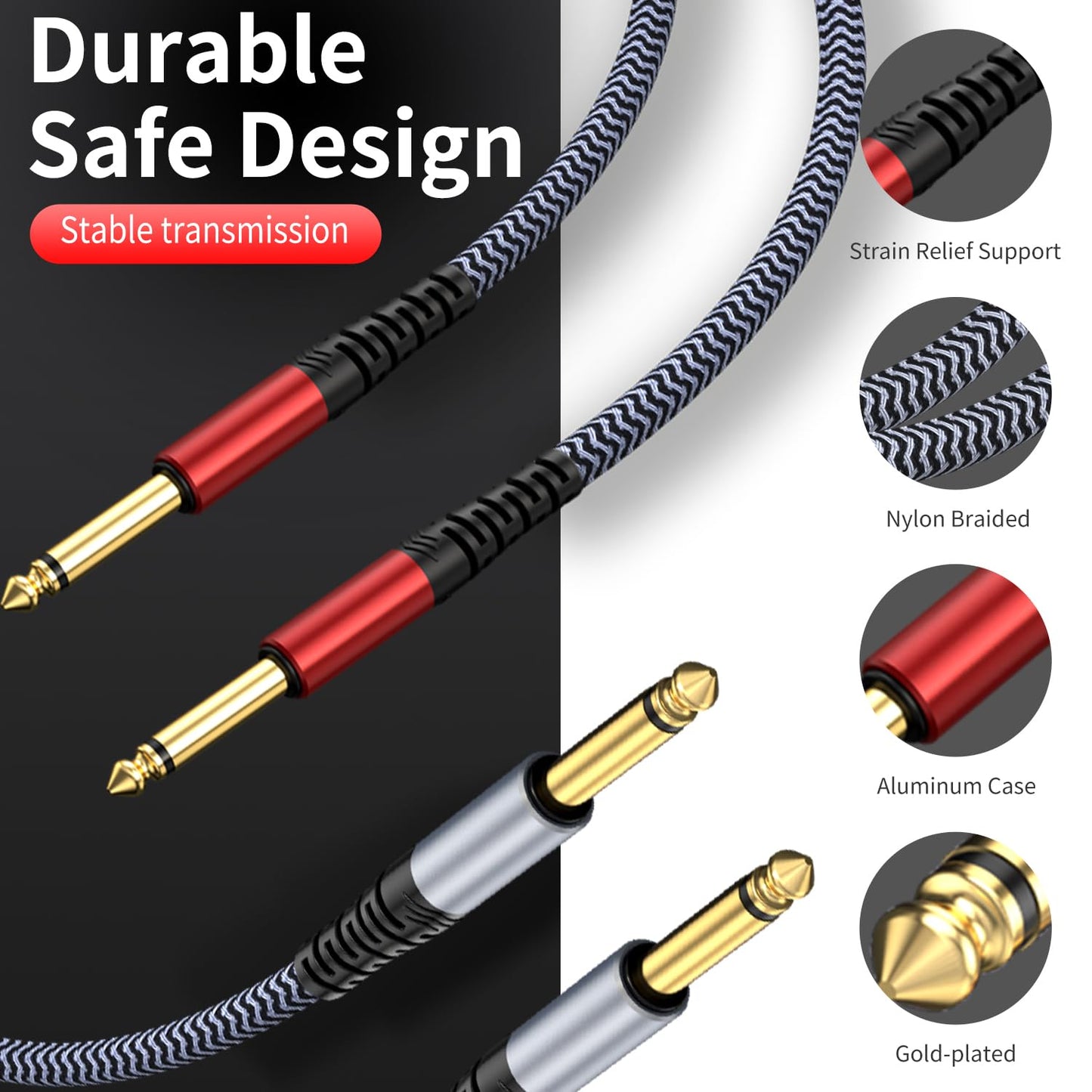 GOSYSONG 1/4 Guitar Instrument Cable 50ft 2-Pack, Instrument Cable Compatible with Electric Guitar,Bass,Drums,Pedal,Amplifier,Preamp,Mixer,Tuner,Speaker,Acoustic,Straight to Straight 1/4 inch Cable