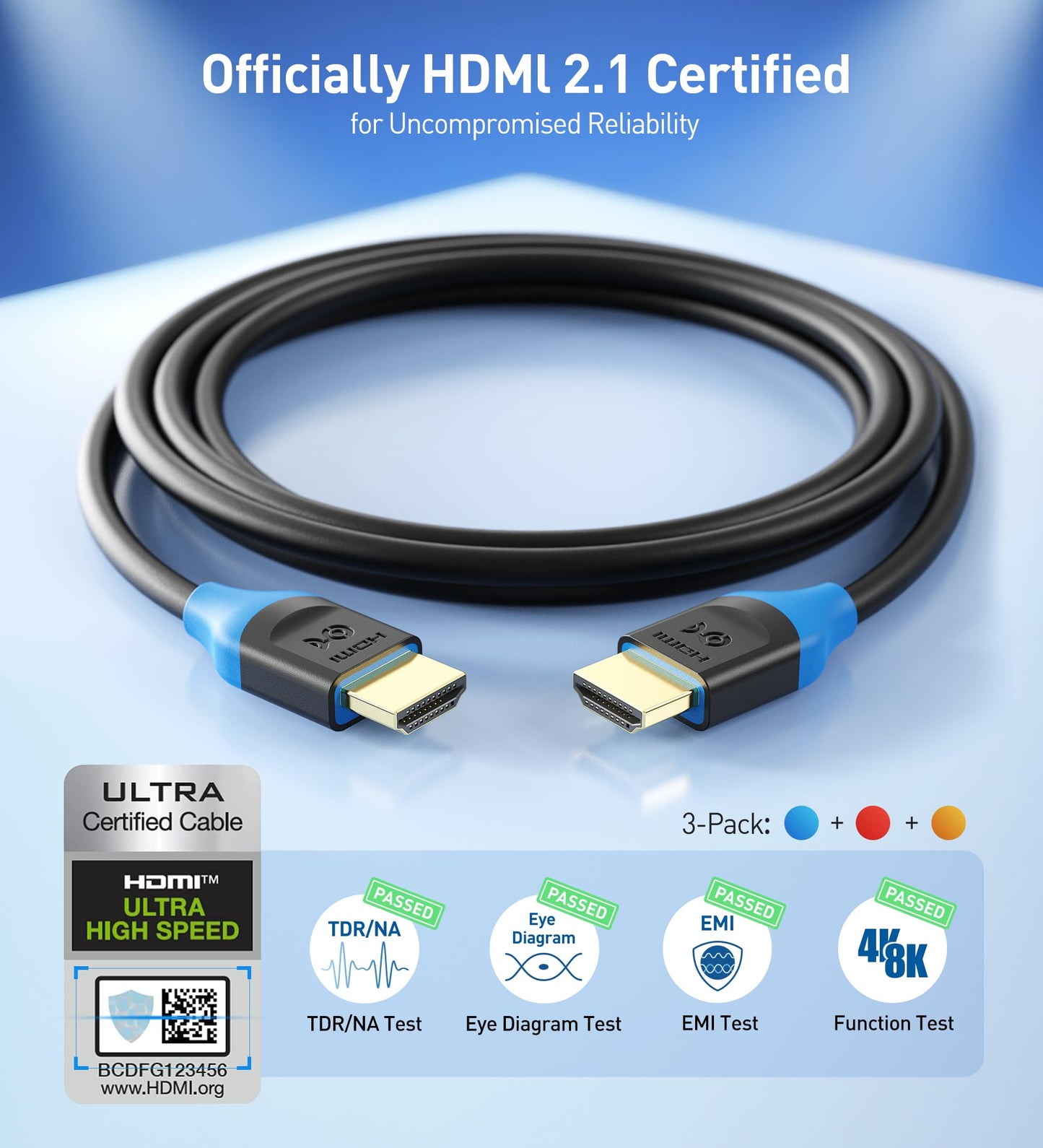 Cable Matters Ultra High Speed HDMI Certified] 3-Pack 48Gbps 8K HDMI Cable 9.8 ft / 3m with 8K@120Hz, 4K@240Hz and HDR Support for PS5, Xbox Series X/S, RTX3080/3090, RX 6800/6900, Apple TV, and More