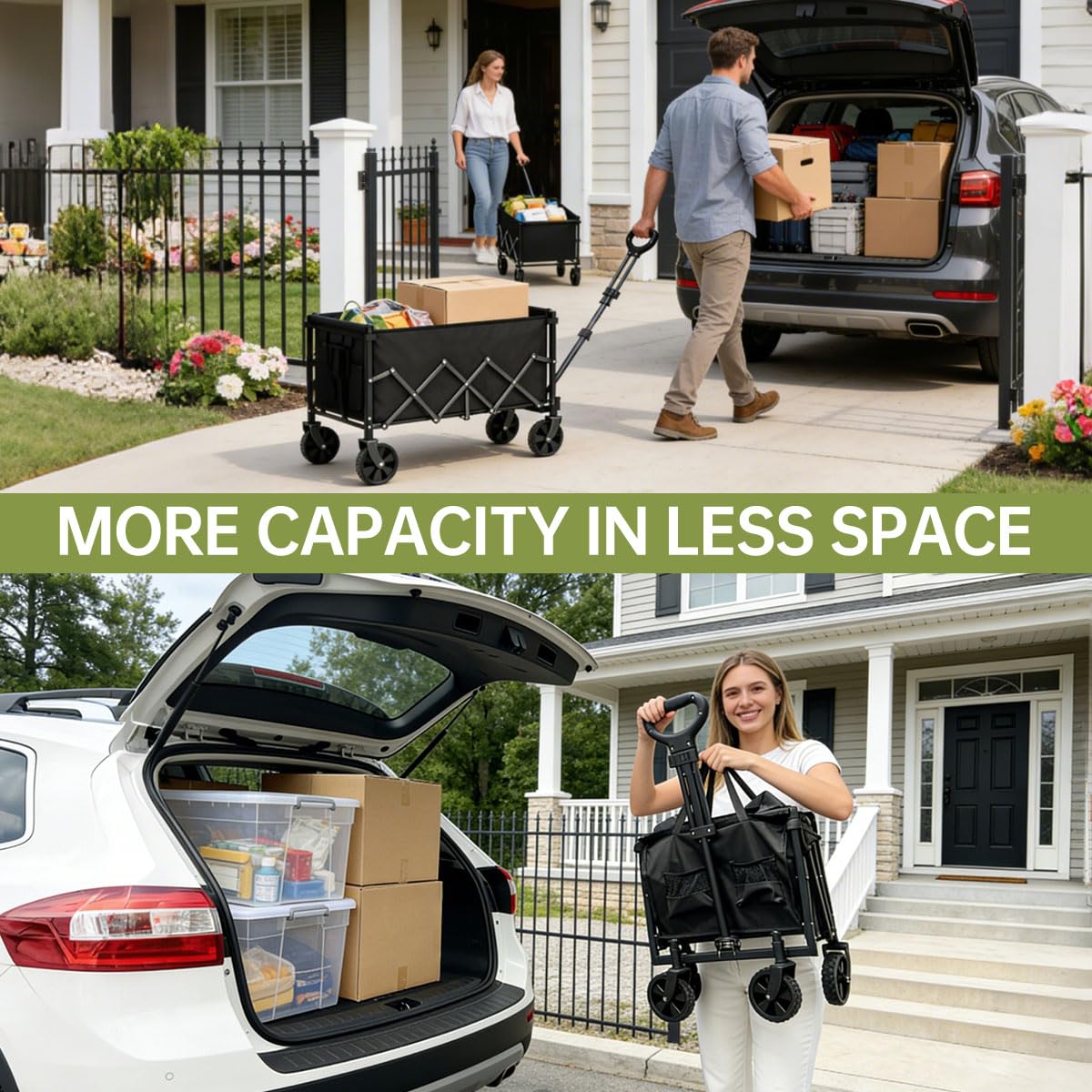 InBrave Collapsible Wagon Cart with All-Terrain Wheels, Foldable Wagon with 380LBS Load Capacity, Portable Lightweight Utility Wagon for Shopping, Grocery, Beach, Garden (Black)