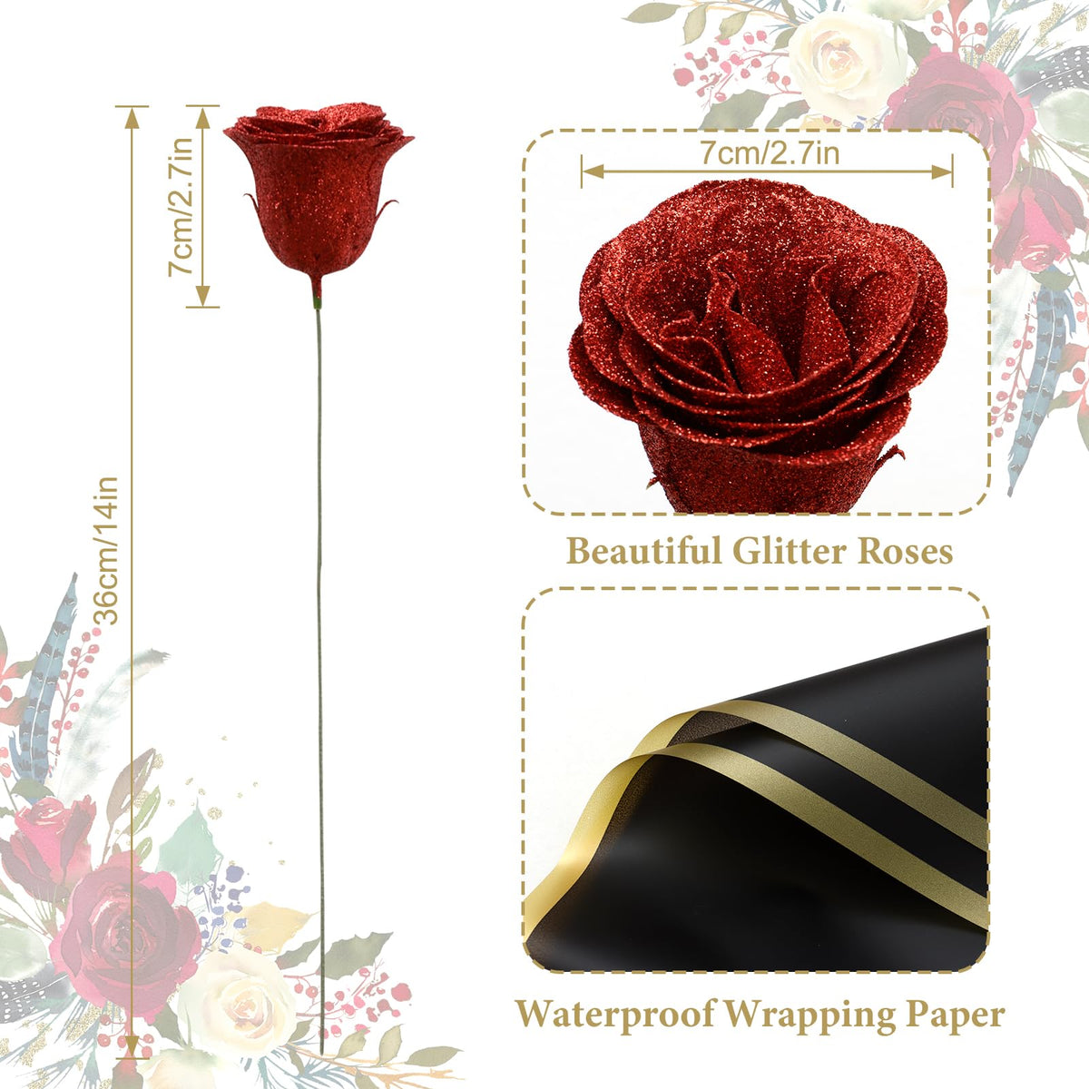 Dremisland Glitter Roses Bouquet 26 Pack DIY Glitter Flowers with Crown Butterfly Shiny Artificial Rose Birthday Gifts for Women, Mothers Day Flowers Anniversary Valentines Day Wedding Graduation Gift