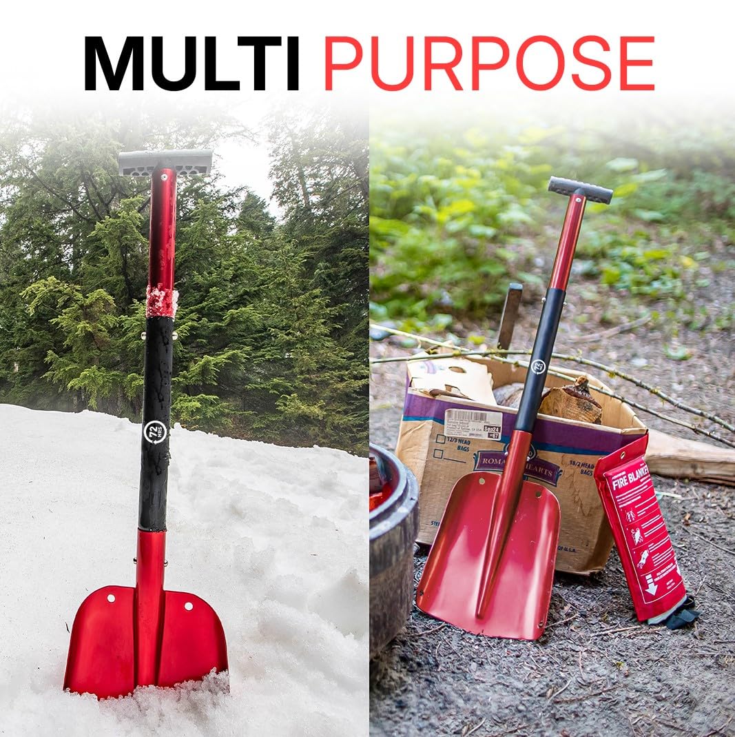 72HRS Collapsible 3-in-1 Aluminum Compact Snow Shovel - Snow Removal in Winter, Emergency Kit for Vehicle, Car, Van, SUV, Truck, Snowmobile, Snowboard Gear, Camping, Gardening (Red, 21”-32”)