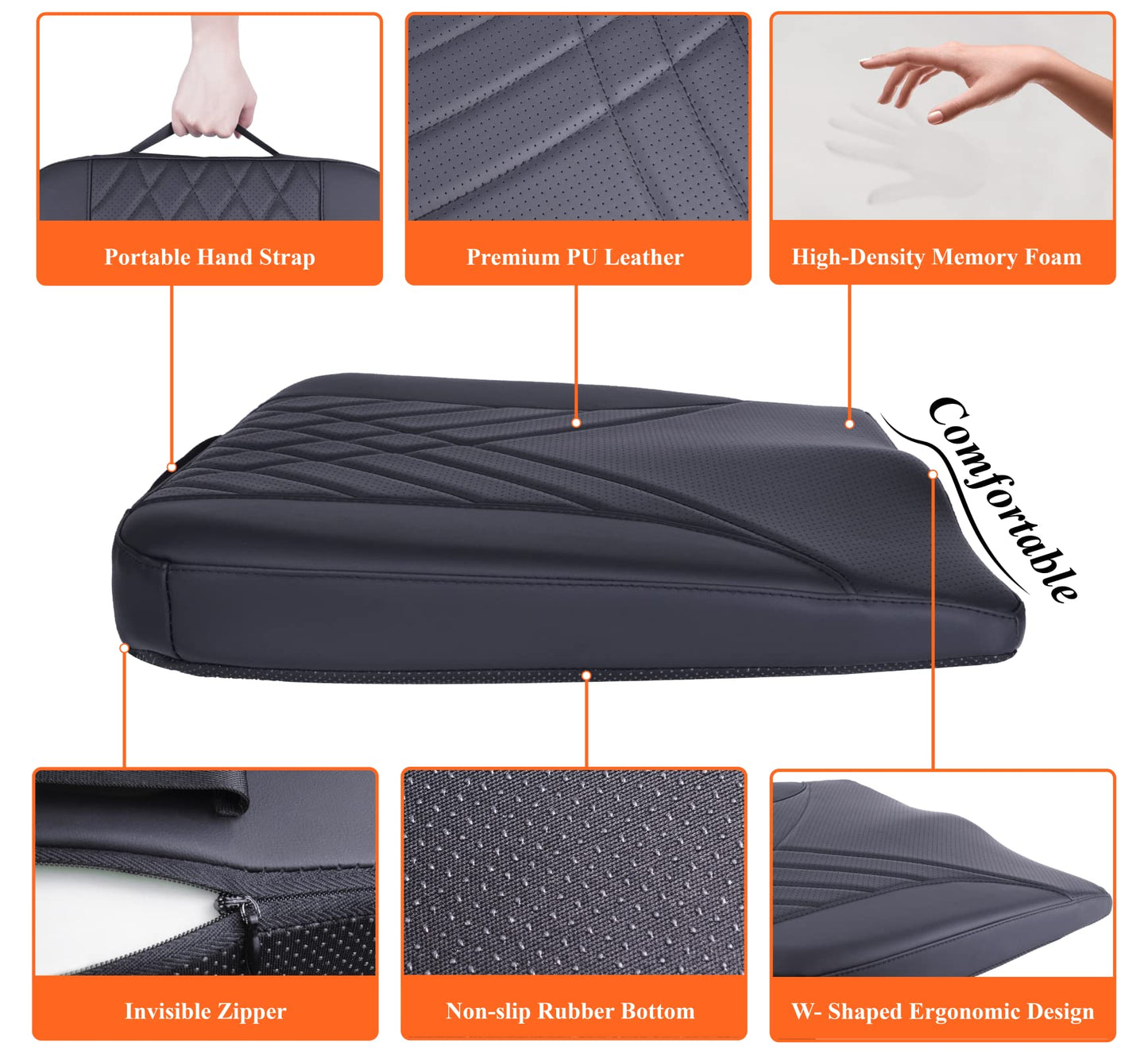 kingphenix Premium Car Seat Cushion, Memory Foam Driver Seat Cushion to Improve Driving View - Coccyx & Lower Back Pain Relief - Seat Cushion for Car, Truck, Office Chair - Black