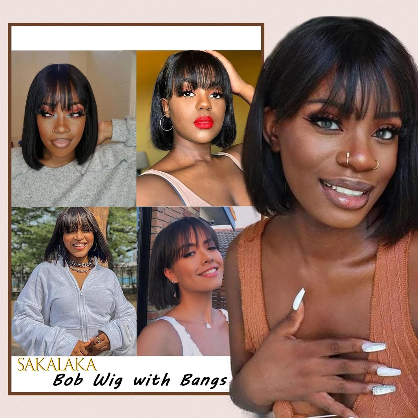 Bob Wig with Bangs Human Hair 180 Density 3x1 Lace Straight Bang Bob Wig Human Hair Glueless Realistic Look For Women Upgraded Machine Made Middle Part（8 Inch）