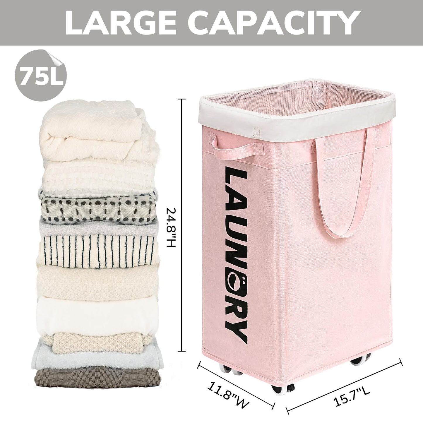 Goodpick Laundry Hamper with Wheels, 75L Collapsible Laundry Basket Organizer, Rolling Laundry Hamper with Removable Wash Bag for Living Room, Laundry Basket with Handle for College Dorm, Pink