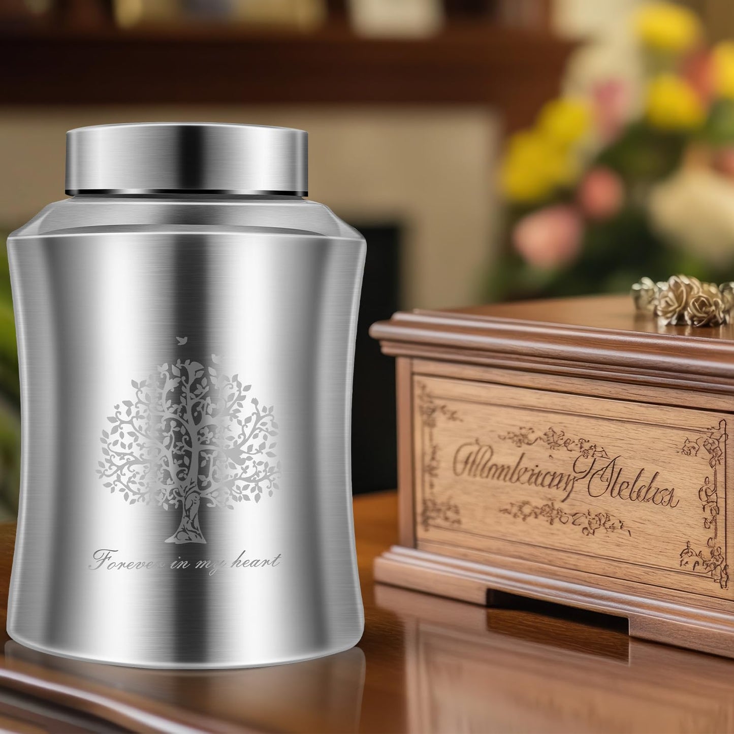 Large Cremation Urn for Adult Human Ashes, Male Female Decorative Urn with Laser Engraved Tree of Life and Velvet Pouch(Forever in My Heart)