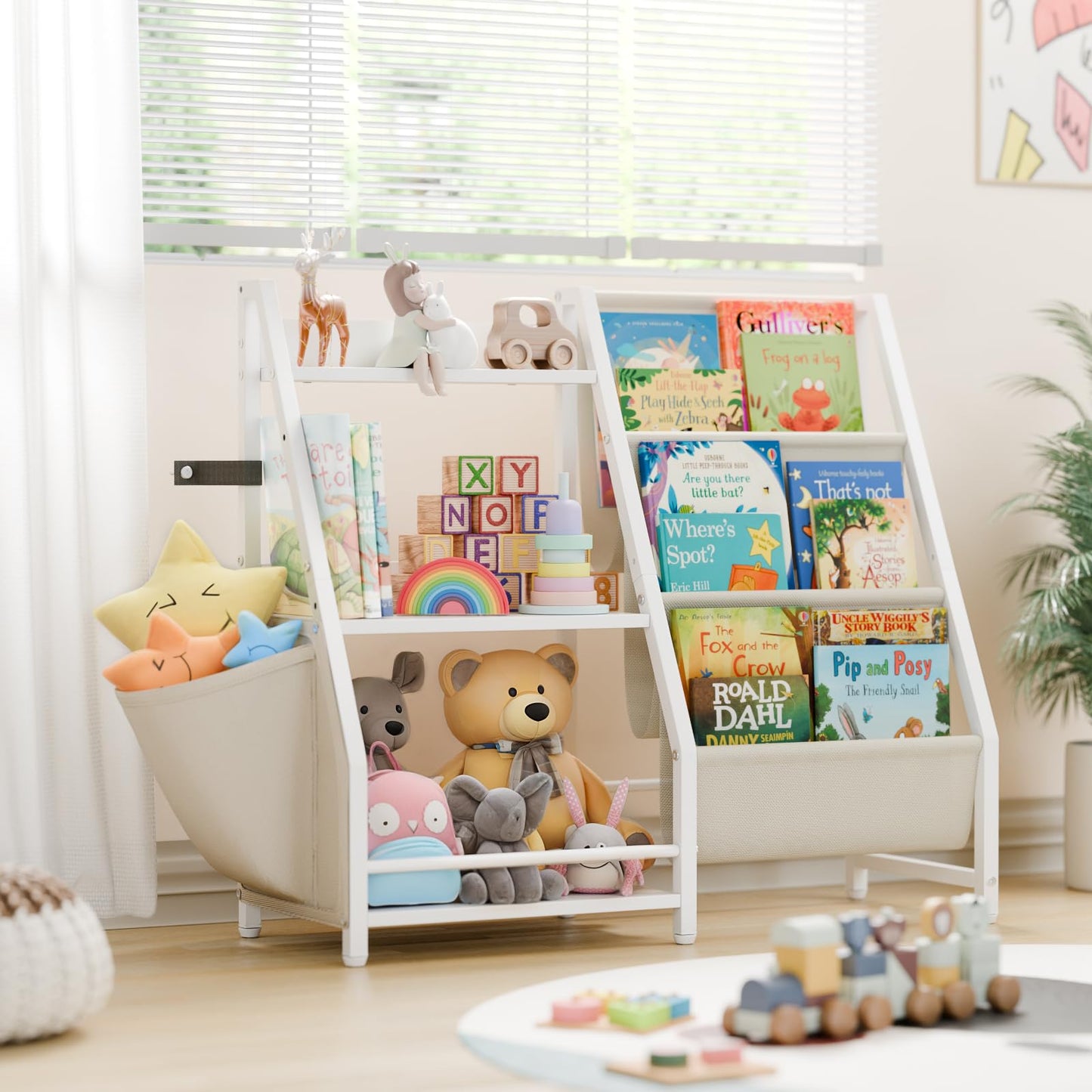 LATIBELL 3 Tier Kids Bookshelf and Toy Storage, Book Sling Shelf, Montessori Baby Toddler Bookshelf for Kids Bookcase, Toy Storage Organizer, for Playroom, Bedroom, Nursery (White)