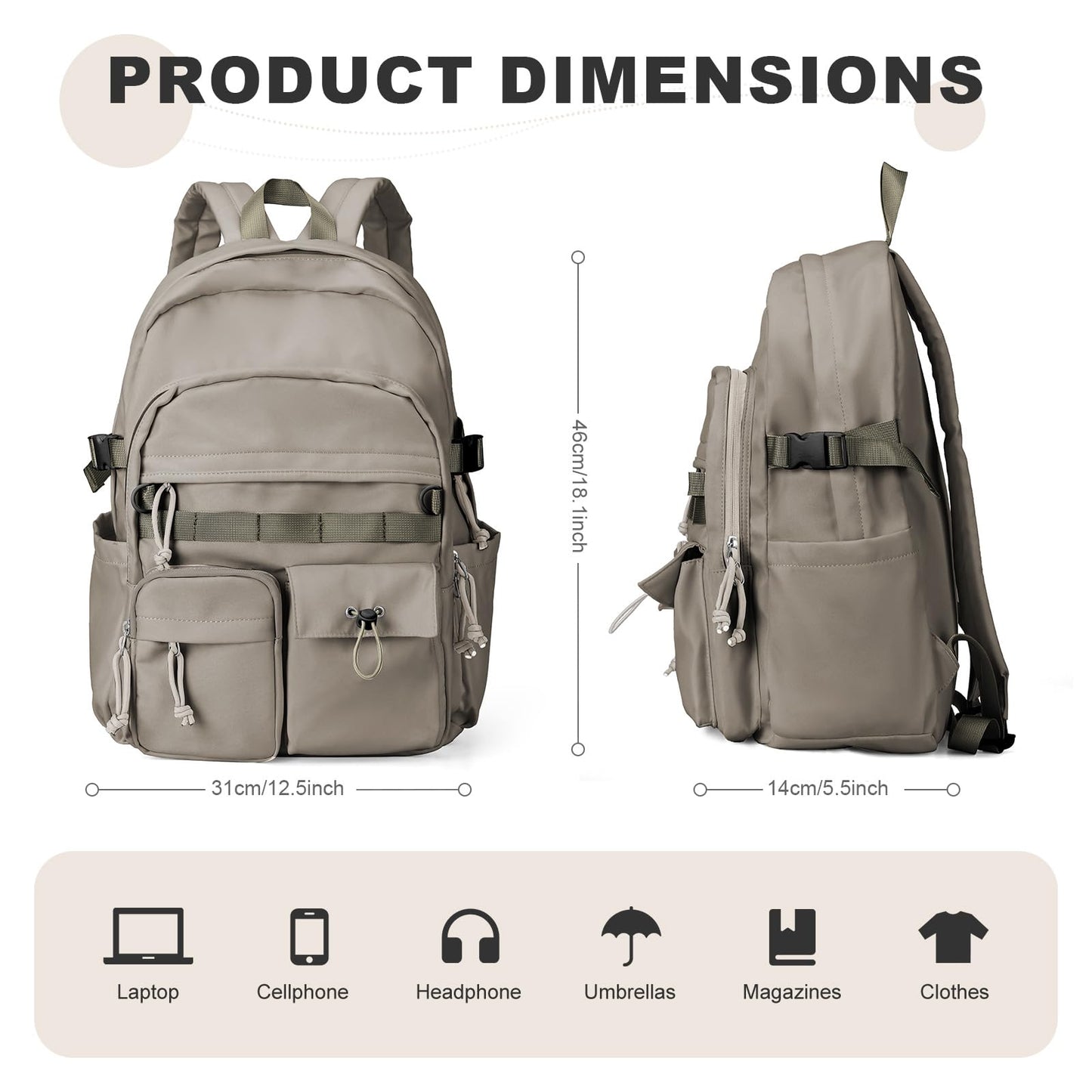 Lightweight Backpack for Women Casual Backpack College High School Bookbag Water Resistant Laptop Bag for Men Travel Daypack for Sports Work C6-Grey Brown