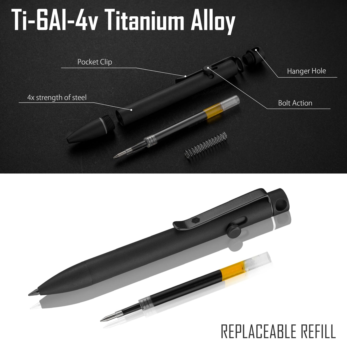 KeyUnity KP03BK Bolt Action Pen with Clip, Titanium Alloy EDC Pocket Pen Retractable Metal Ballpoint Pen for Everyday Carry