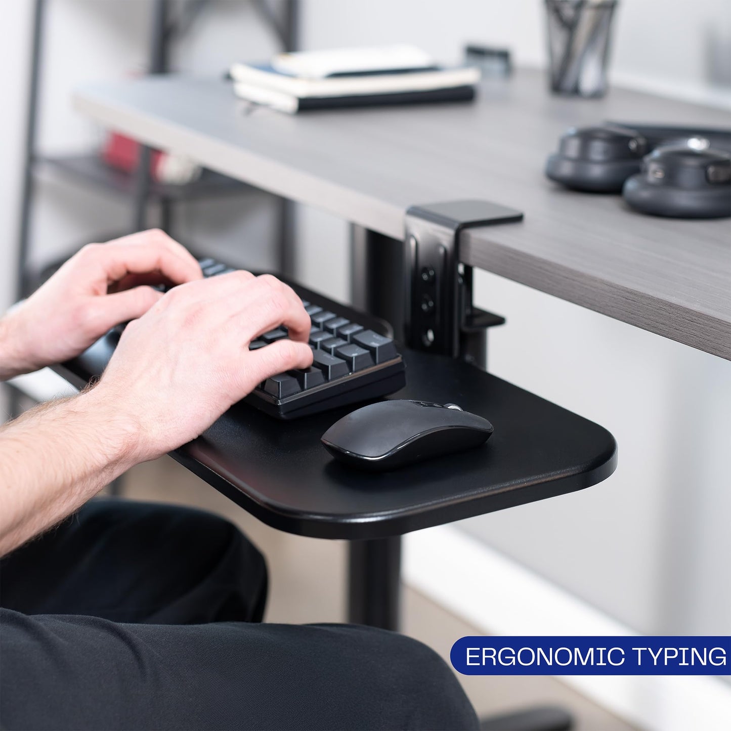 VIVO Clamp-on 23 x 10 inch Rotating Computer Keyboard and Mouse Tray, Extra Sturdy Single Desk Swivel Clamp, Ergonomic Typing, Black, MOUNT-KB04CB
