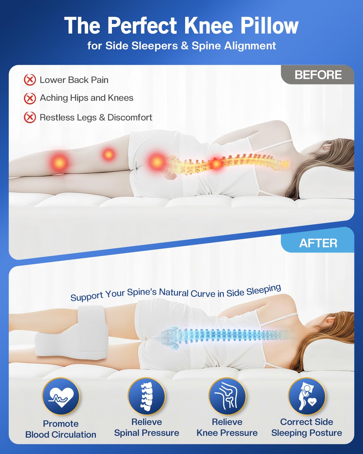 THOBEYA Knee Pillow for Side Sleepers, Leg Pillow for Hip Pain Relief & Spine Alignment, Memory Foam Pillow Between Knees with Adjustable Strap, Relief for Back, Sciatica, Joints