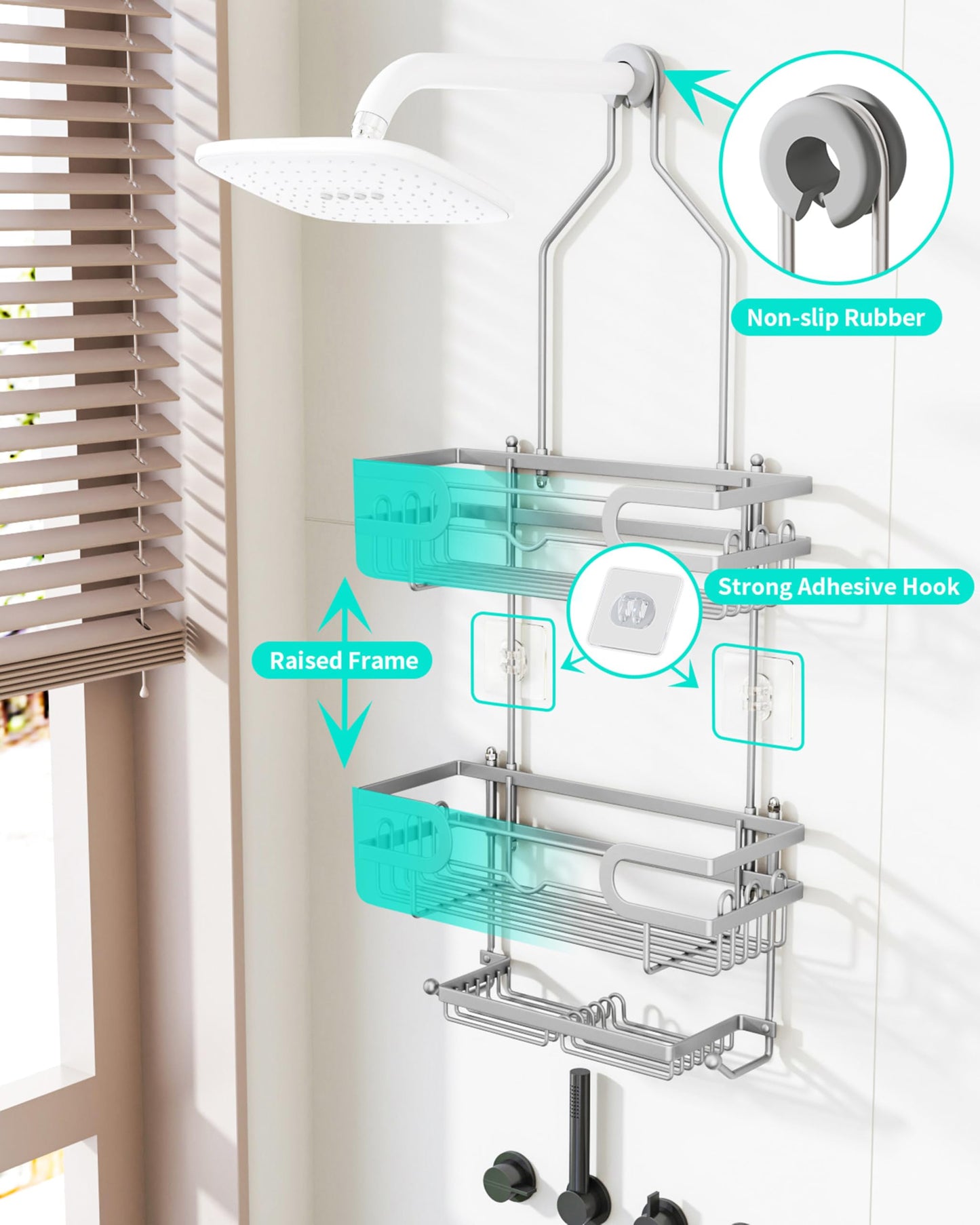 HapiRm Shower Caddy Hanging - 3 Tier Over Head Shower Caddy No Drilling, Bathroom Organizers with 2 Soap Holder & 12 Hooks, Bathroom Shelf Organizer for Shampoo, Soap, 12.6 x 4.7 x 28in