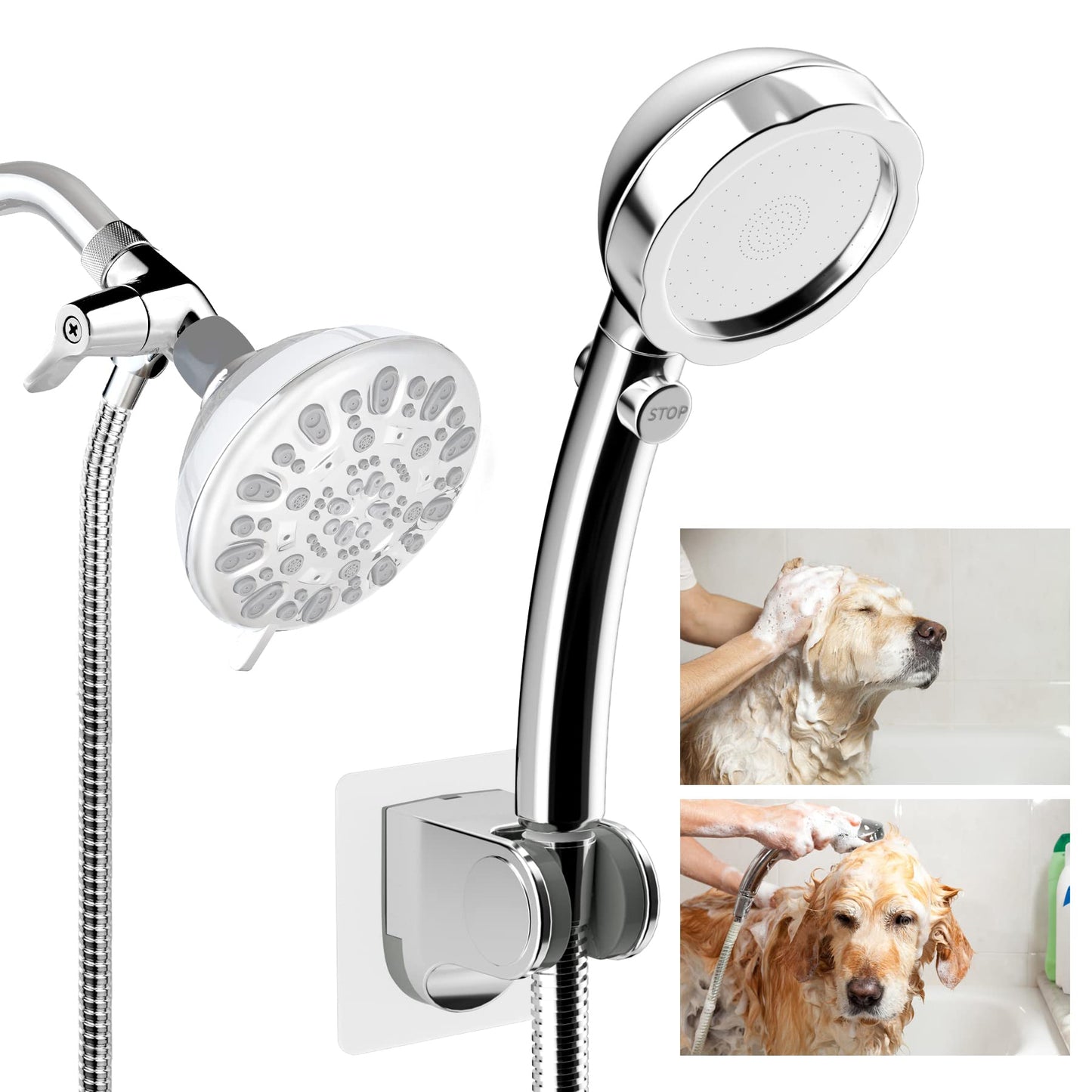Hibbent Dog Shower Sprayer Attachment Set for Pet Bathing and Dog Washing with Brass Shower Arm Diverter Valve, Handheld Shower Head,Bathroom Hose Sprayer Head Kit
