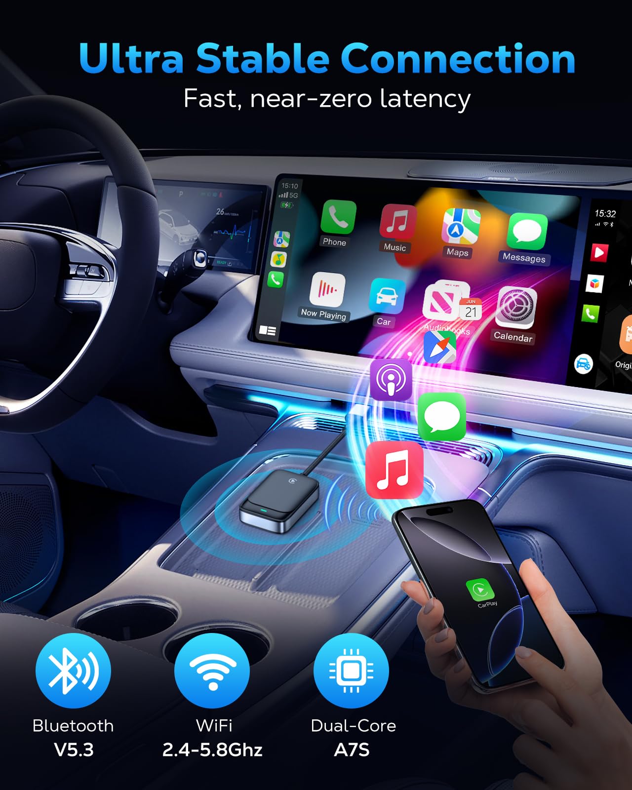 MoKo Wireless CarPlay Adapter for iPhone 2025, Converts Wired Car Play to Wireless Dongle, Plug and Play Fast Response Bluetooth CarPlay Adaptor for iPhone iOS 10+ and Cars with Built-in Car Play