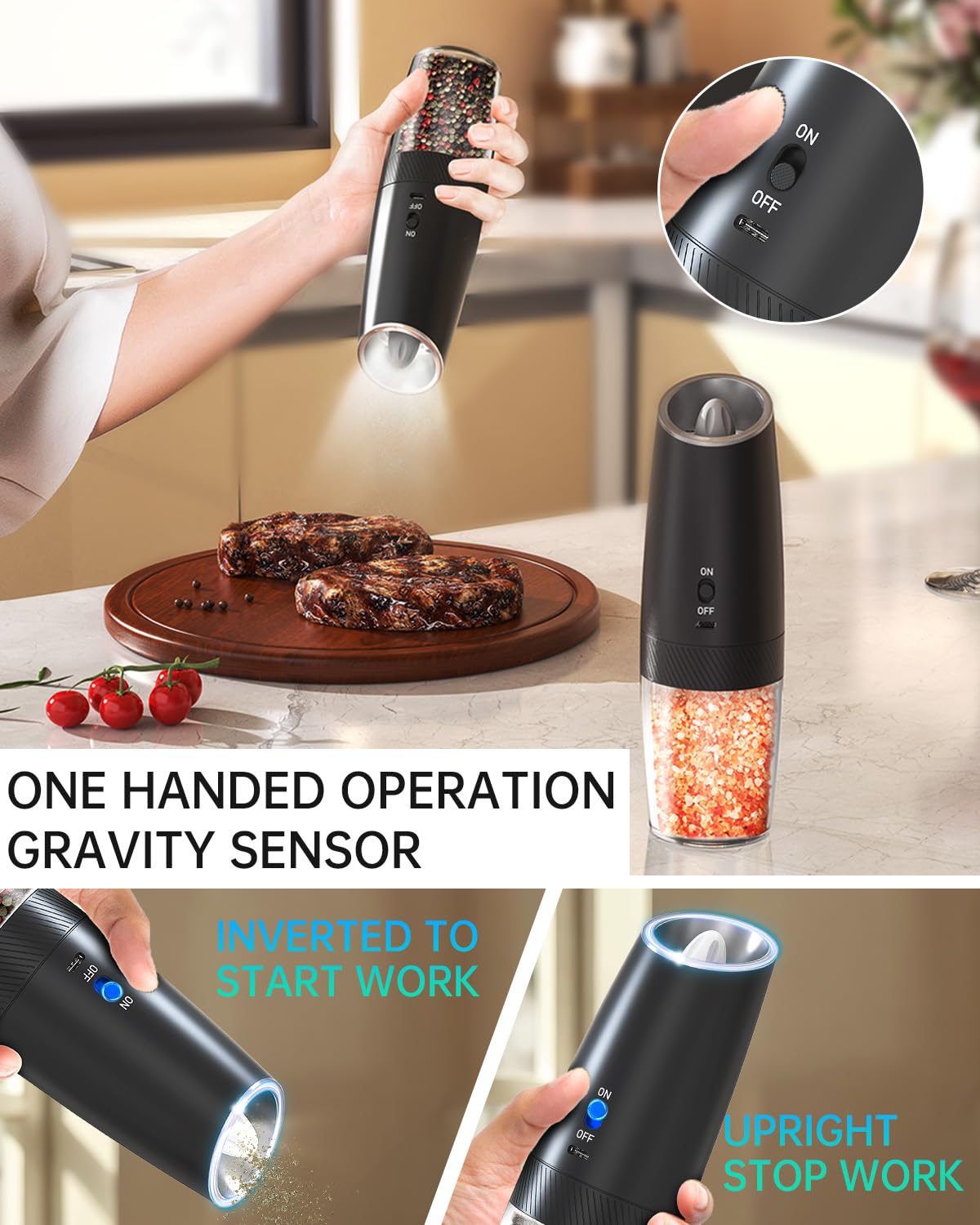 CIRCLE JOY Gravity Electric Salt and Pepper Grinder Set, Rechargeable Pepper Grinder with 135ml Refillable Container, Adjustable Coarseness, Electric Salt Shaker for Home Restaurant, Black White