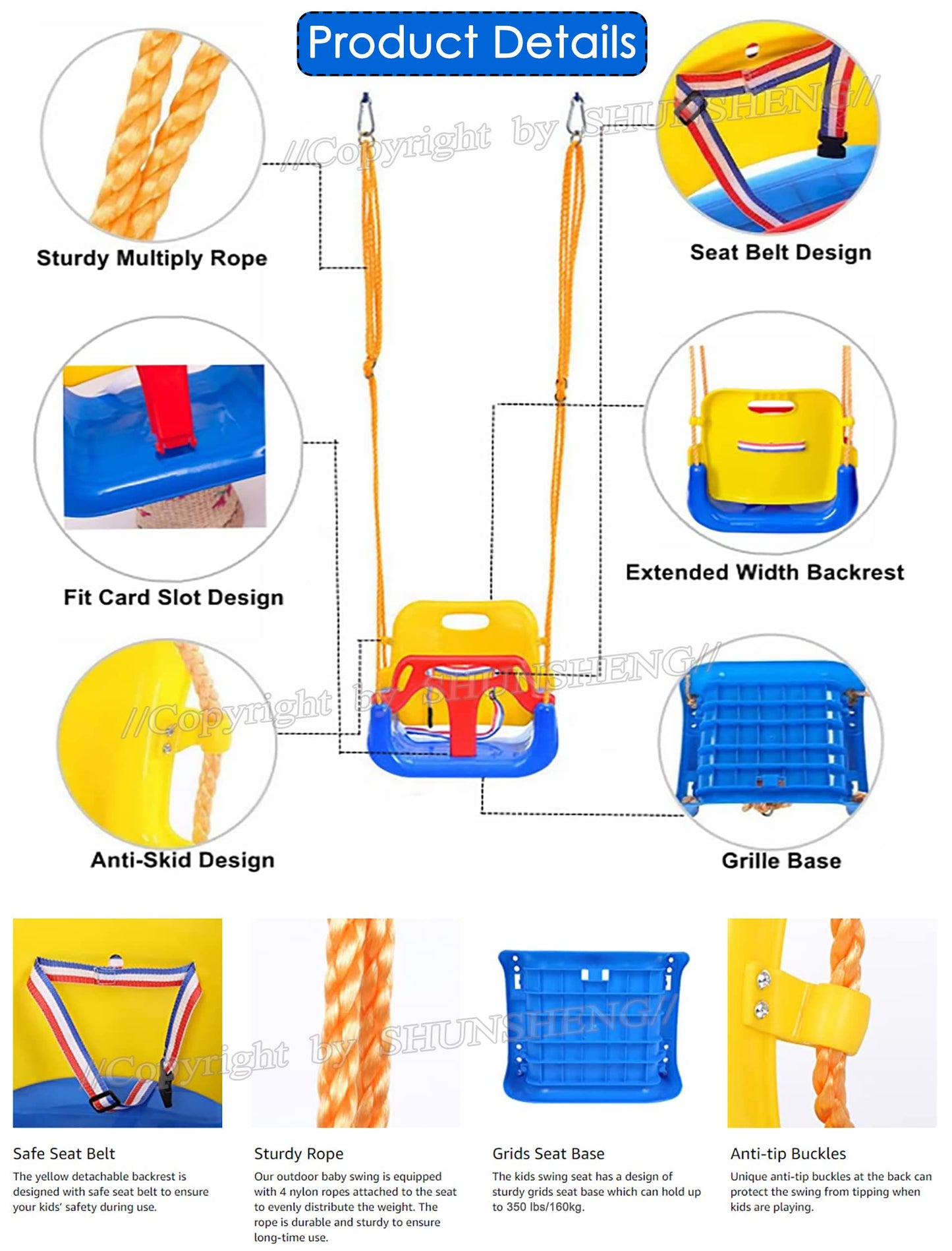 3-in-1 Swing Set for Kids,Hanging Swing Anti-Flip Snug & Secure Detachable Children to Teens Swing Easy Assembly & Store for Outdoor Playground(Blue)