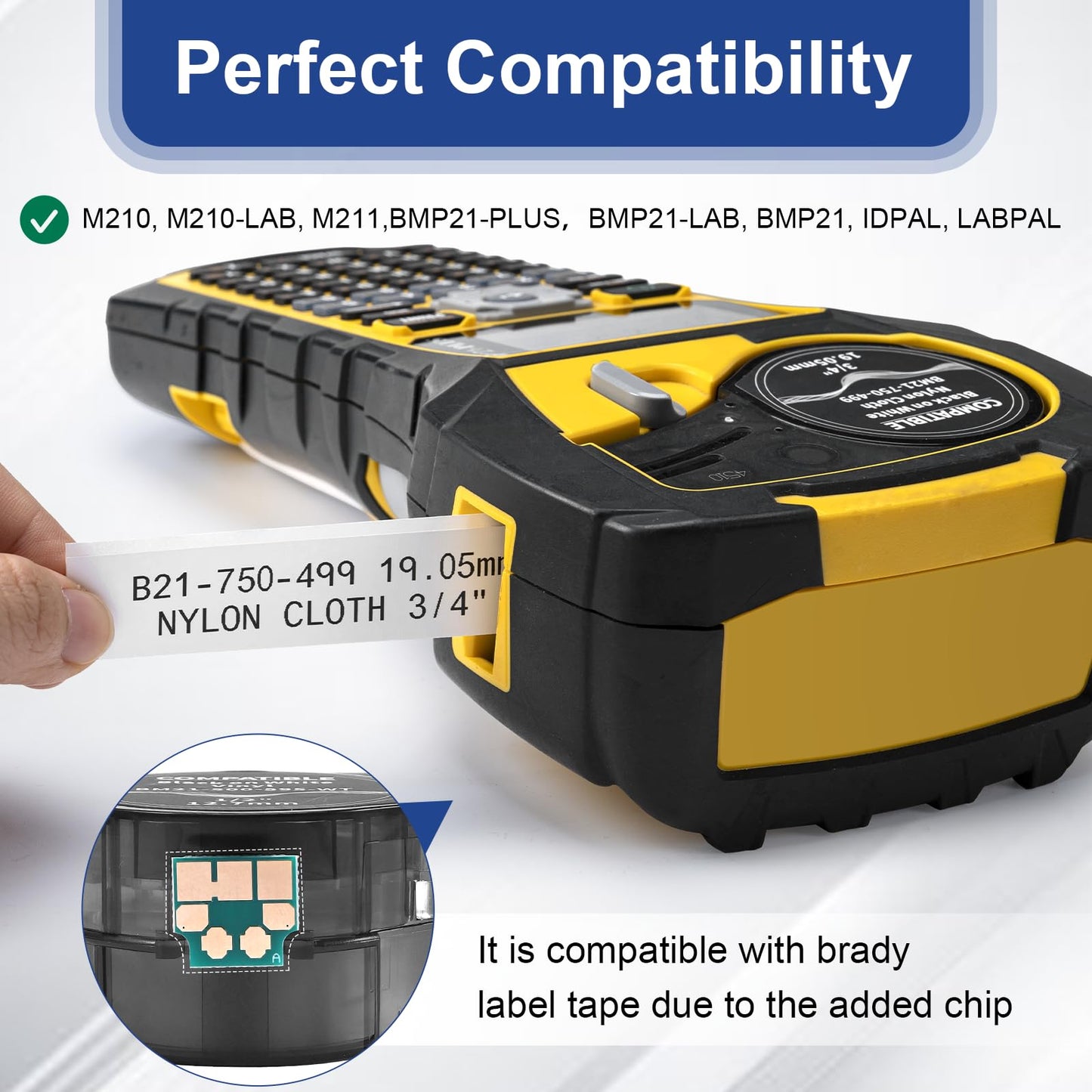 Compatible M21-750-499 Nylon Cloth 3/4 Inch Black on White Label Tape, for Wire and Cable, Used for M210, M211, BMP21 Plus, BMP21 LAB Printer, 0.75" x 16', 3-Pack