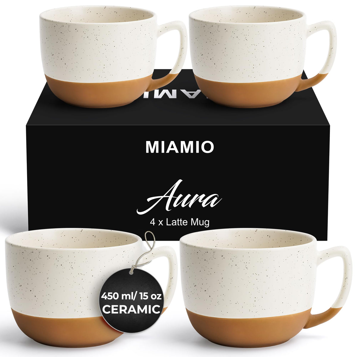 MIAMIO – 450 ml, Set of 4 Ceramic Latte Mug – Elegant Modern Coffee Mug Set for Cafe, Latte, Tea, Hot Cocoa - Drinks Dishwasher & Microwave Safe – Aura Collection (Creamy Cocoa, Coffee Mugs(4X))