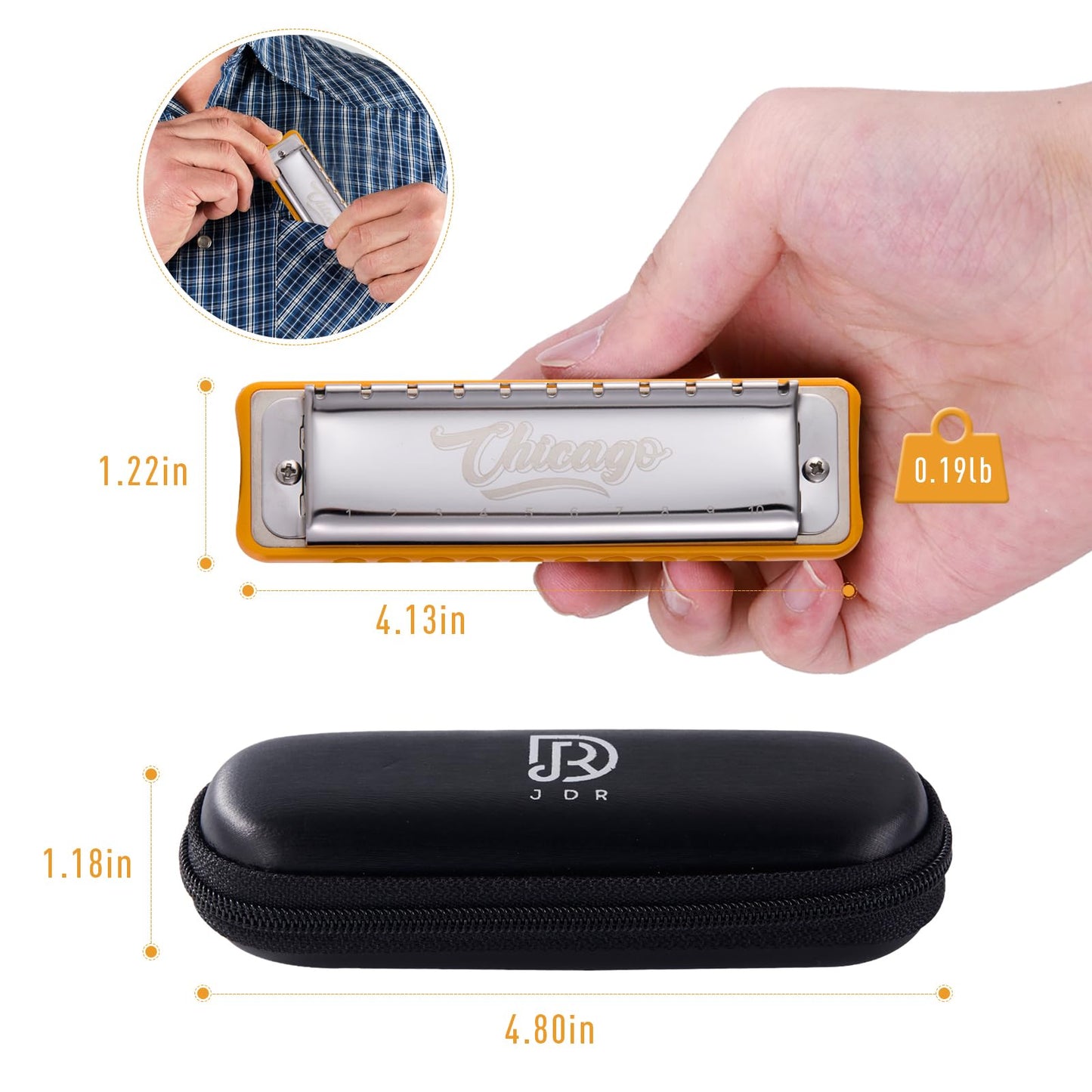 Harmonica JDR Blues key of G 10 Holes 20 Tones Harps Armonica for Adults Professional Beginners Mini Mouth Organ with Case Chicago (G)
