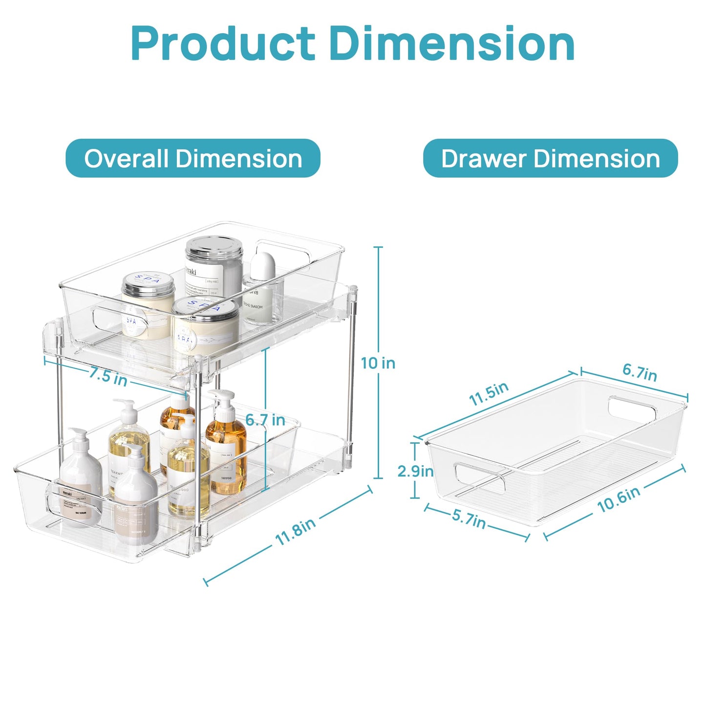2 Tier Bathroom Storage Organizer, Vtopmart 2 Pack Clear Under Sink Organizers Vanity Counter Storage Container, Medicine Cabinet Drawers Bins, Pull-Out Organization with Track for Pantry, Kitchen