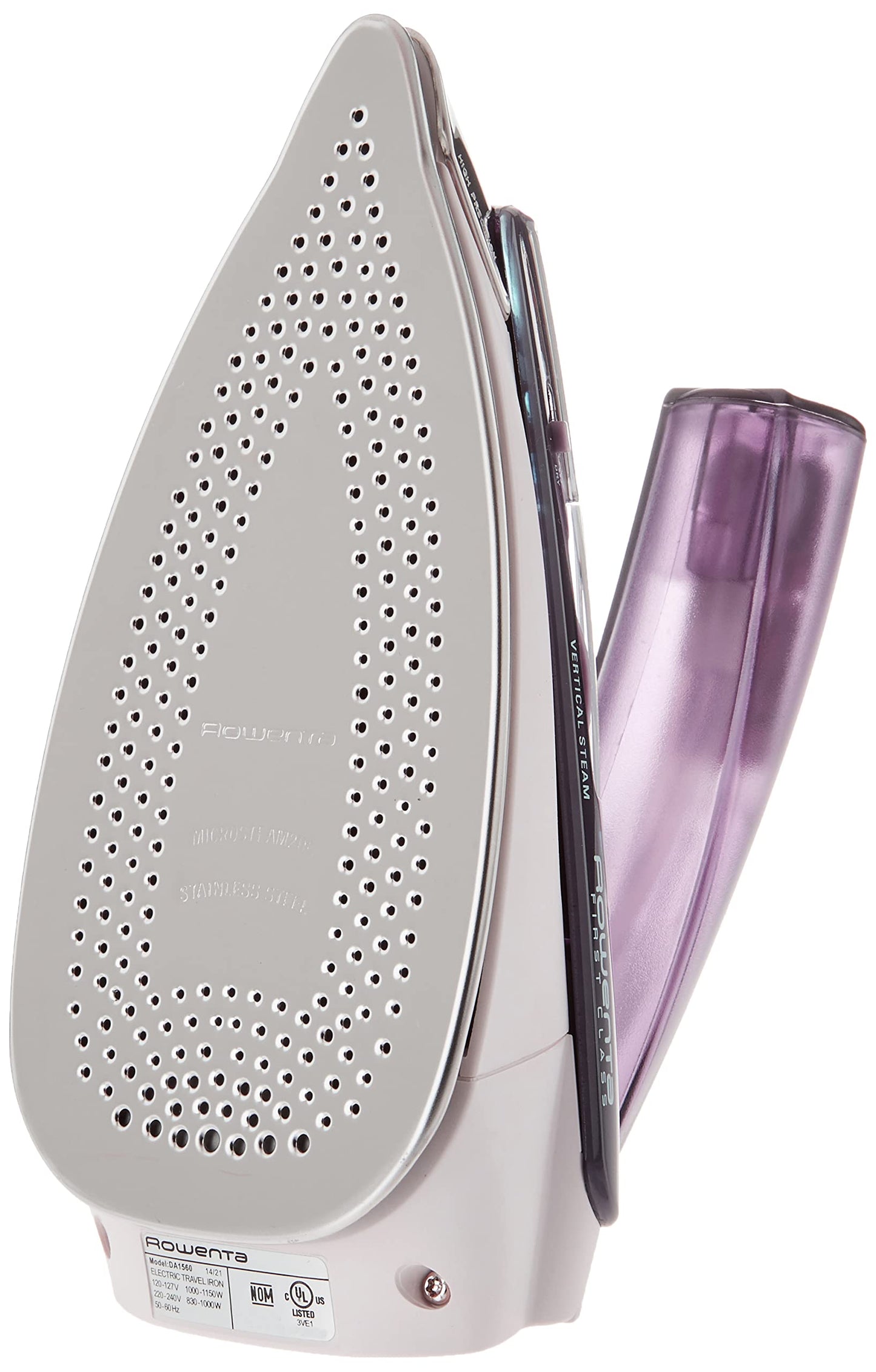 Rowenta Travel Iron, Pro Compact Stainless Steel Soleplate Hand Held Steamer Iron for Clothes, 200 Microsteam Holes, 1000 Watts Ironing, Fabric Steamer, Dual Voltage, Purple, DA1560