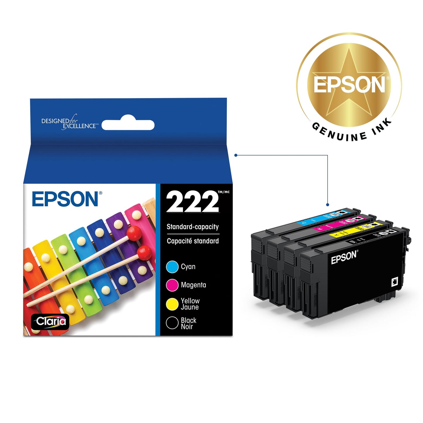 EPSON 222 Claria Ink Standard Capacity Black & Colour Cartridge Combo Pack (T222120-BCS) Works with Workforce WF-2960, Expression XP-5200