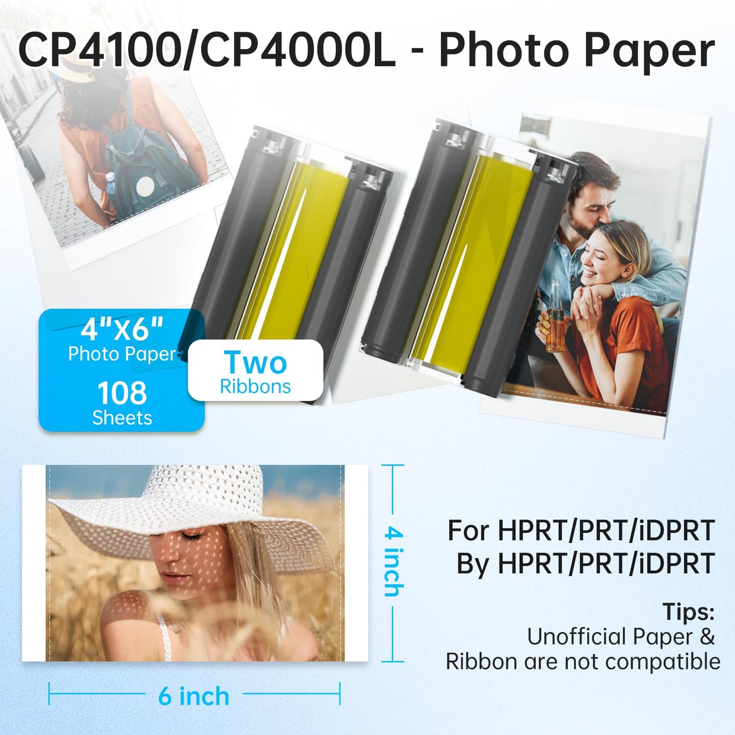 CP4100/CP4000L 4X6 Photo Printer Paper 108 Sheets and 2 Ribbons, for HPRT iDPRT CP4100/CP4000L Phone WiFi Instant Color Picture Sublimation Printer Papel Fotográfico para Impresora Photo Paper