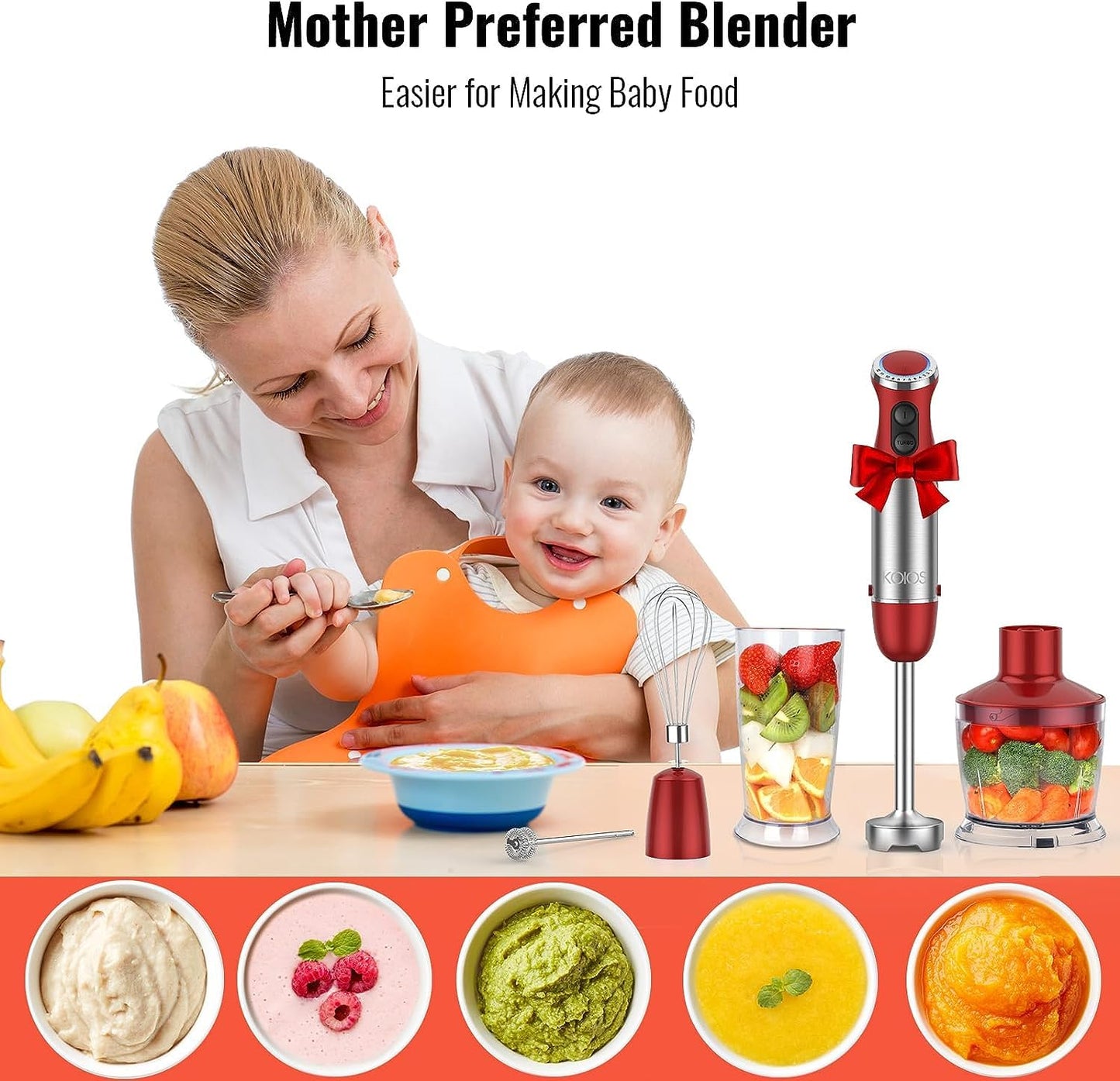 KOIOS 5-in-1 Hand Immersion Blender, 1000W 12 Speed Handheld Blender, Pure Copper Motor 304 Stainless Steel Blade Stick Blender, Non-BPA, Red