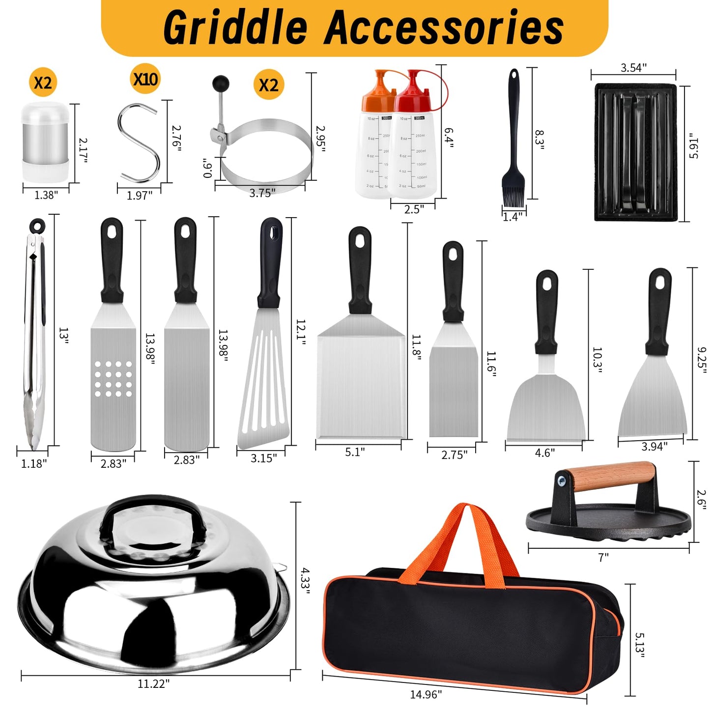 Onlyflame 29PCS Professional BBQ Griddle Tool Kit for Flat Top Grill Blackstone and Camp Chef - Stainless Steel Griddle Spatulas Accessories Kit with Burger Press, Carry Bag and More Tools