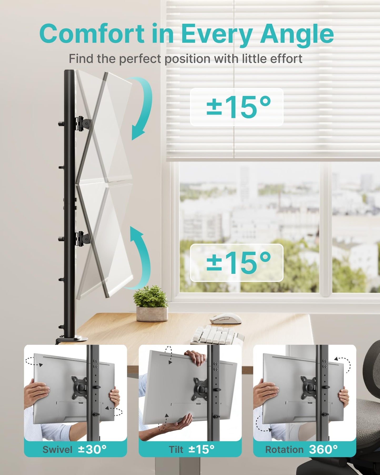 Vertical Dual Monitor Mount for 17–34 Inch Screens, Stacked Monitor Stand, Holds up to 33 lbs per Arm, 33.1" Extra Tall Pole, Full Motion Height Adjustable Mount, 75/100 VESA, Clamp & Grommet