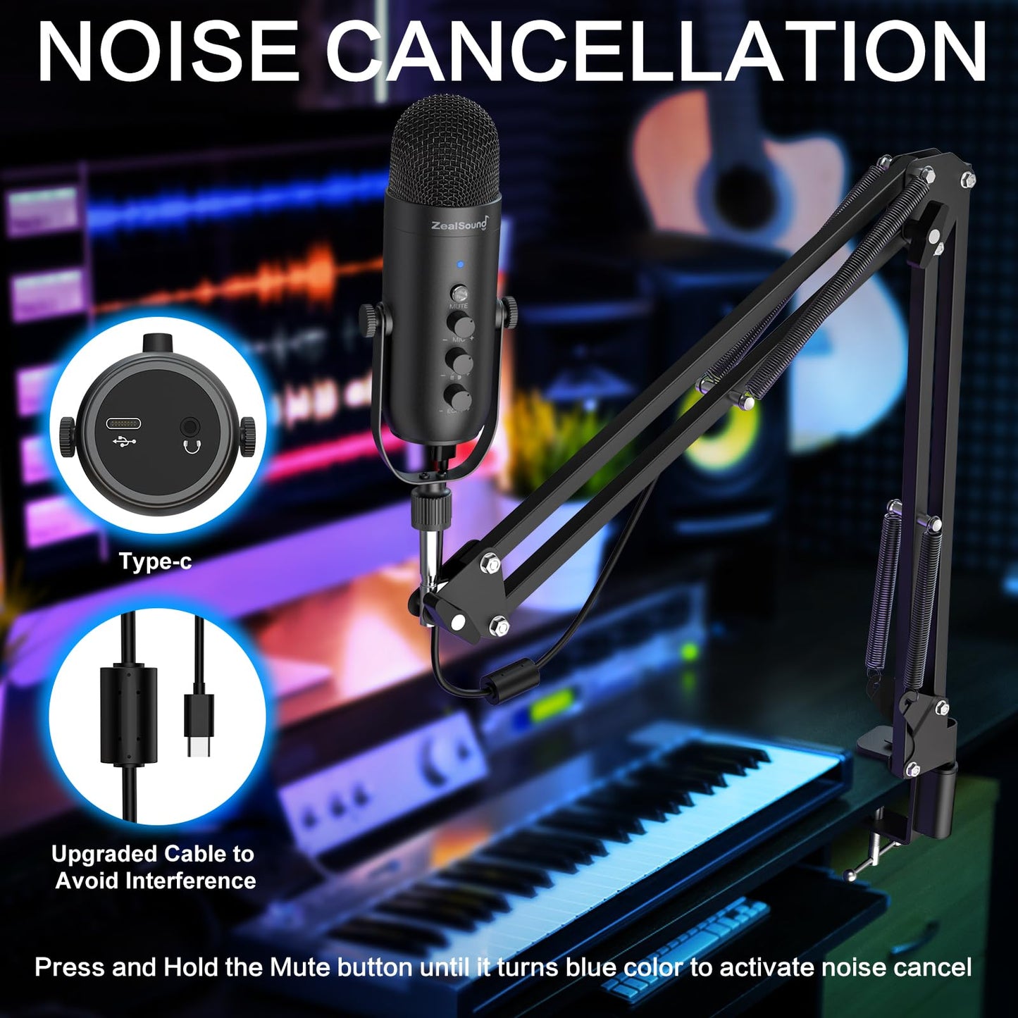 USB Gaming Microphone,ZealSound Noise Cancellation Mic Kit for Phone PC Computer Tablet with Boom Arm Stand,Podcast Condenser Mic set,Mute Button,Echo&Volume Gain Knob,Monitor,Streaming Recording ASMR
