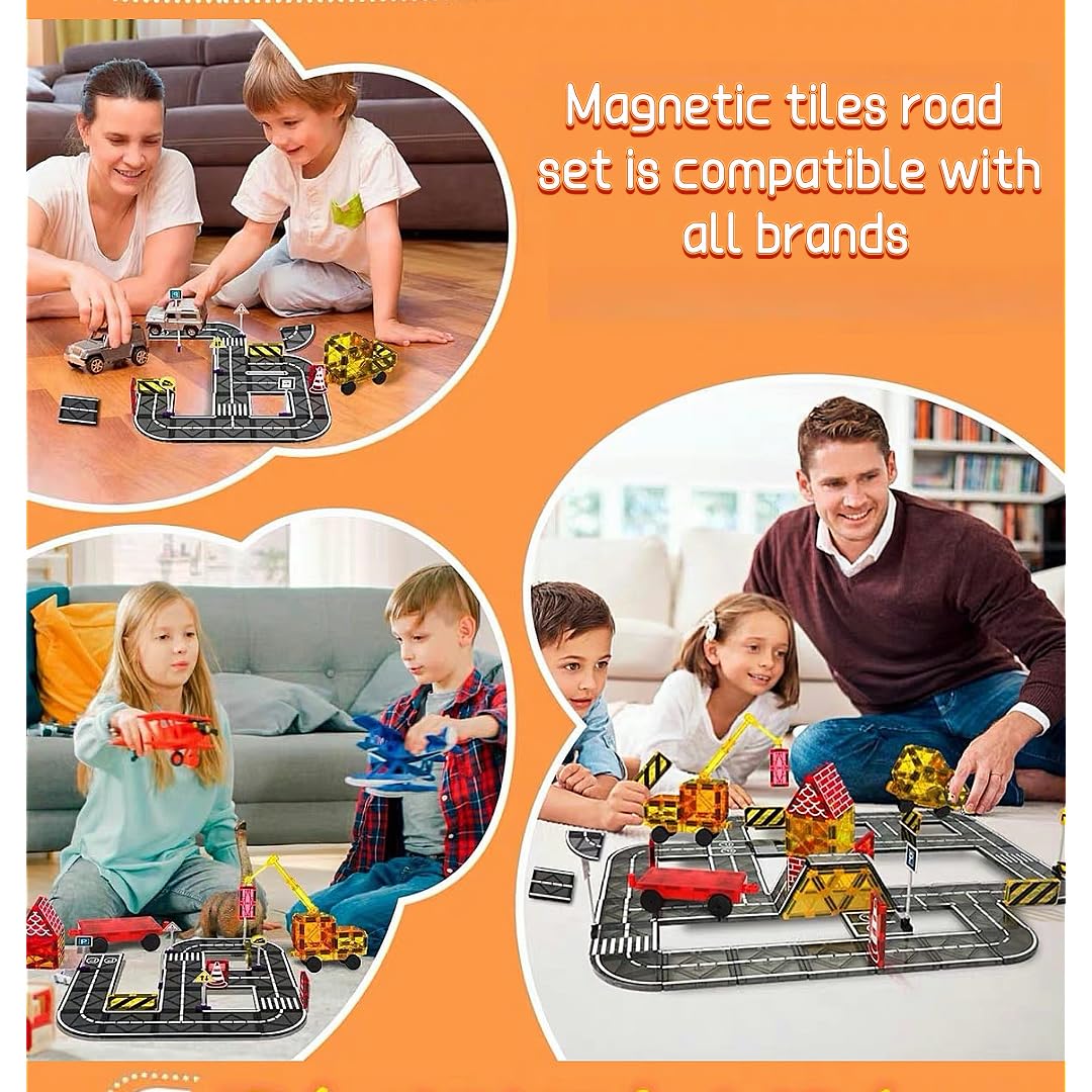 Magnetic Tiles Road Set for Kids, 41 PCS Magnetic Building Blocks with Car Toys, Construction Magnetic Blocks Toys, Boys Gifts