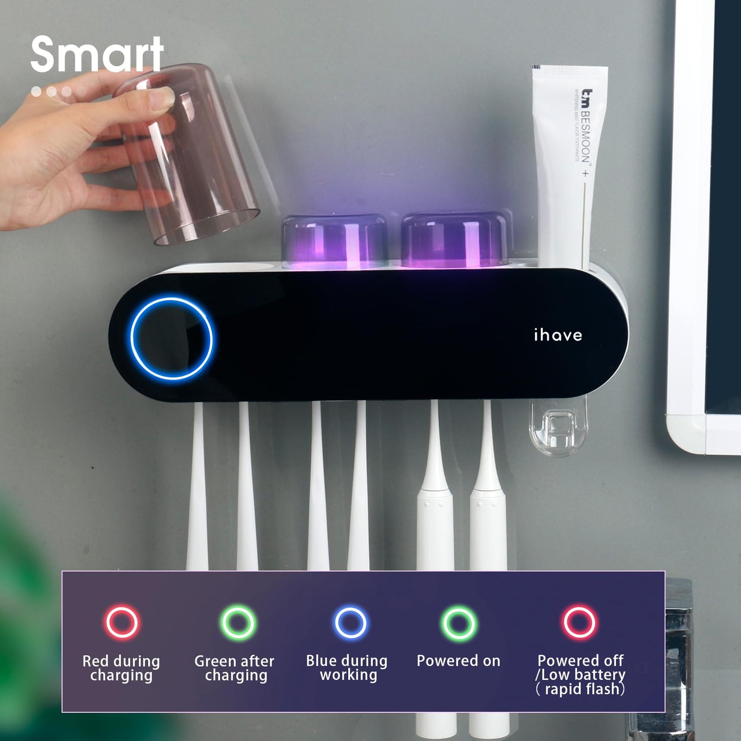 iHave Toothbrush Holder for Bathroom, UV Toothbrush Sanitizer and Holder Smart Home Bathroom Accessories, 3 Cups Electric Toothbrush Holder Wall Mounted with Toothpaste Dispenser Bathroom Decor